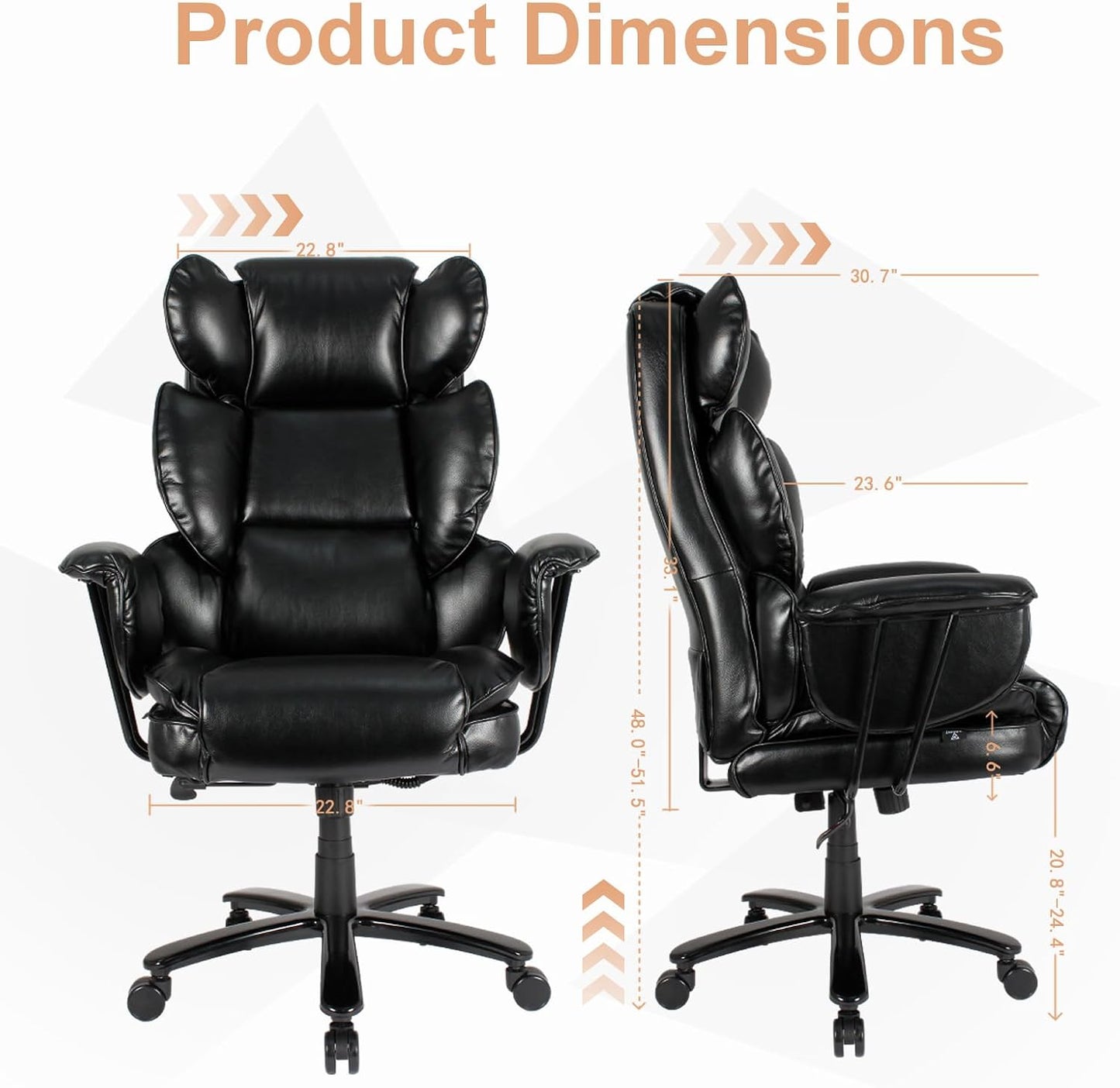 Big and Tall Office Chair, 500 lb. Wide Seat, Ergonomic with Lumbar Support for Low Back Pain Relief, Heavy Duty Office Chair with Clamshell Armrests and Extended Seat (Black)