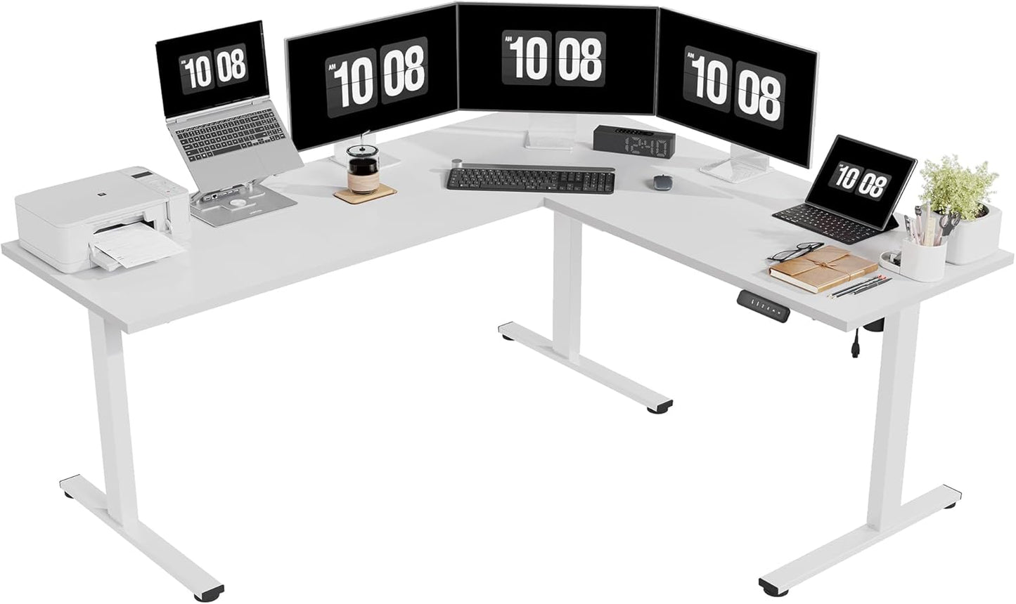 SANODESK 71-Inch Large Dual Motor L-Shaped Electric Height Adjustable Standing Desk - Reversible Panel - White Top/White Frame - Ideal for Gaming, Home Office or Computer Workstation