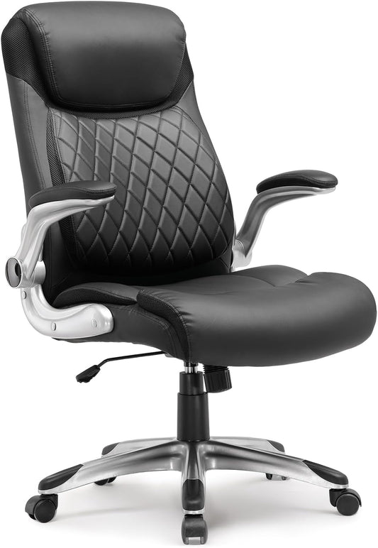 COMHOMA Big and Tall Office Chair, High Back Leather Executive Chair with Pocket Spring Lumbar Support and Flip-up Armrests, Swivel Managerial Office Chair with Adjustable Height， Black