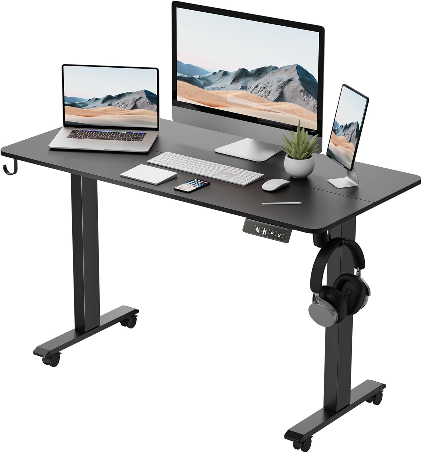 TIQLAB Height Adjustable Electric Standing Desk, 47 x 24 inch, Sit Stand Up Desk, Splice Board, Computer Home Office Desk, White Frame/Maple Top