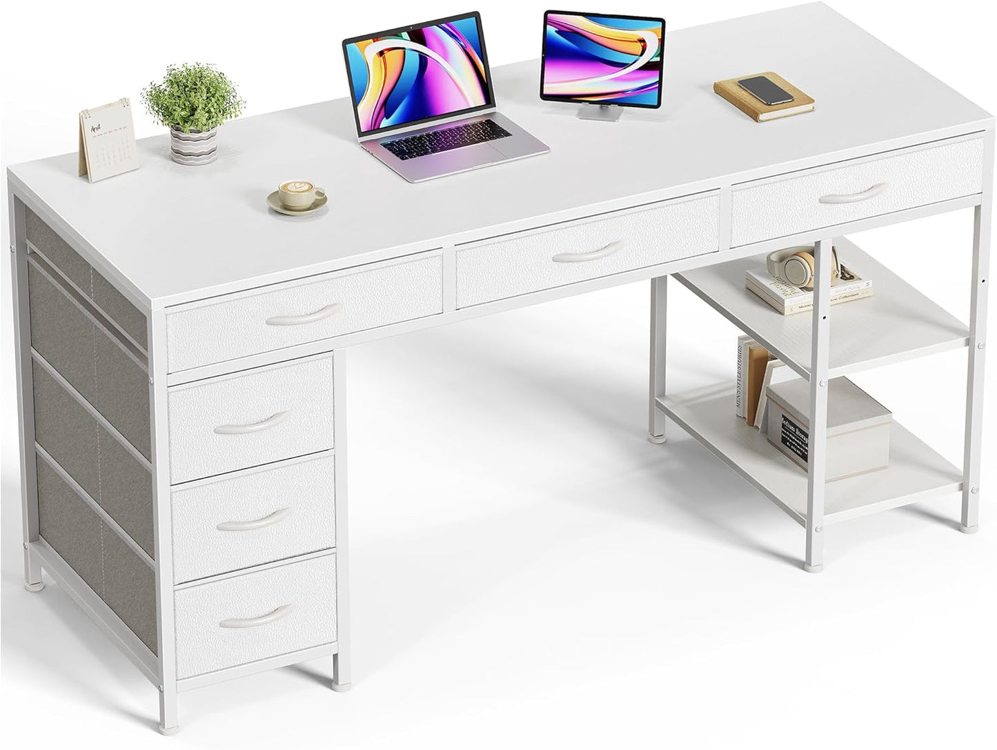 Huuger Computer Desk with 6 Drawers, 47 Inch Office Desk with Shelves, Reversible Gaming Desk, Corner Desk with Storage, Work for Home Office, Study, Living Room, Rustic Brown