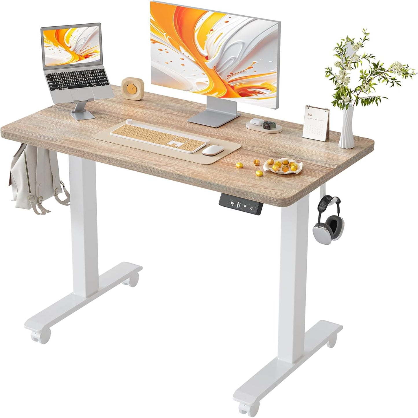 TIQLAB Height Adjustable Electric Standing Desk, 47 x 24 inch, Sit Stand Up Desk, Splice Board, Computer Home Office Desk, White Frame/Maple Top