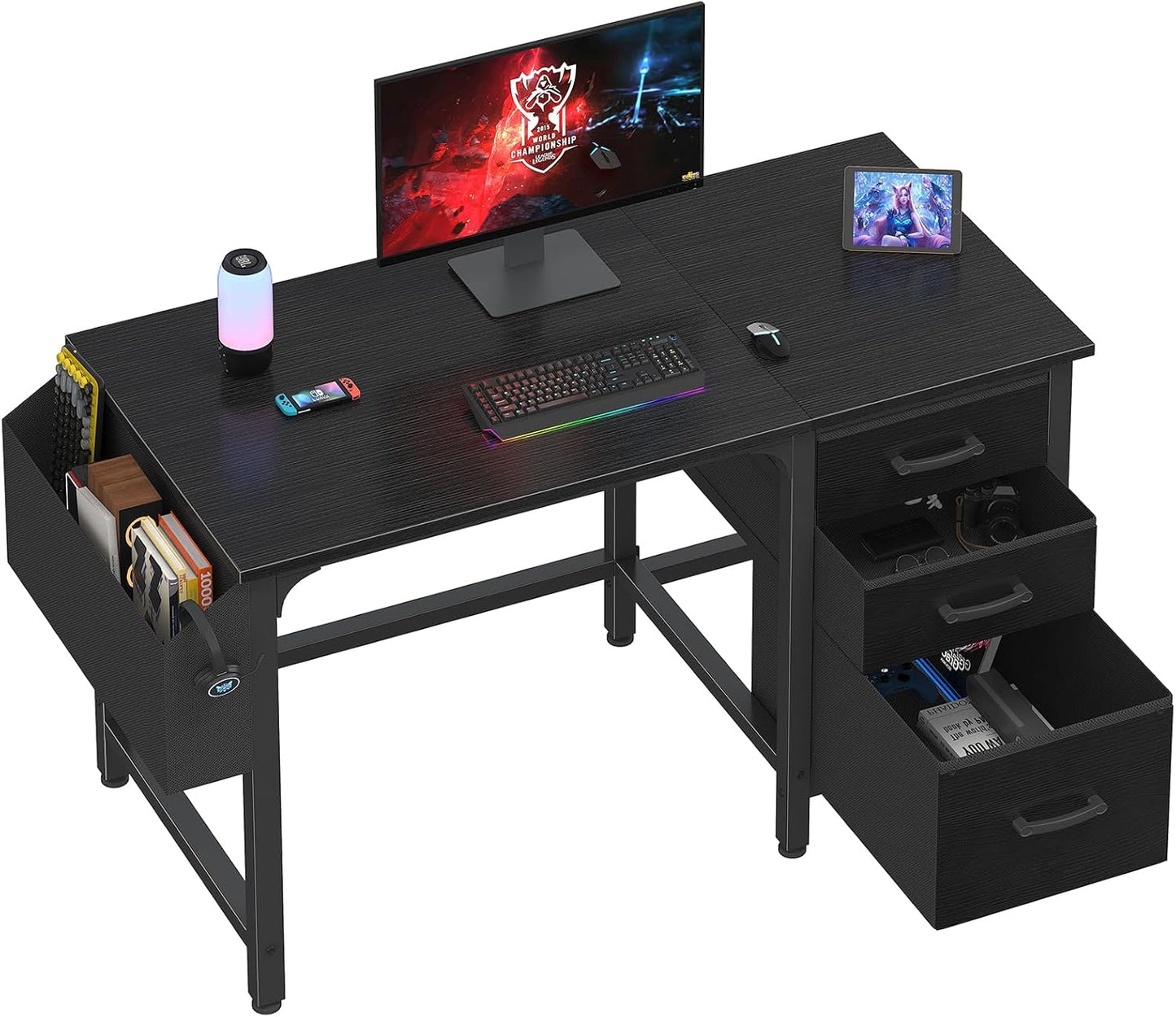 Lufeiya Computer Desk with Fabric File Drawers Cabinet, 47 Inch Reversible Home Office Desks with Filing Cabinet for Small Space, Study Writing Table PC Desks, Rustic Brown