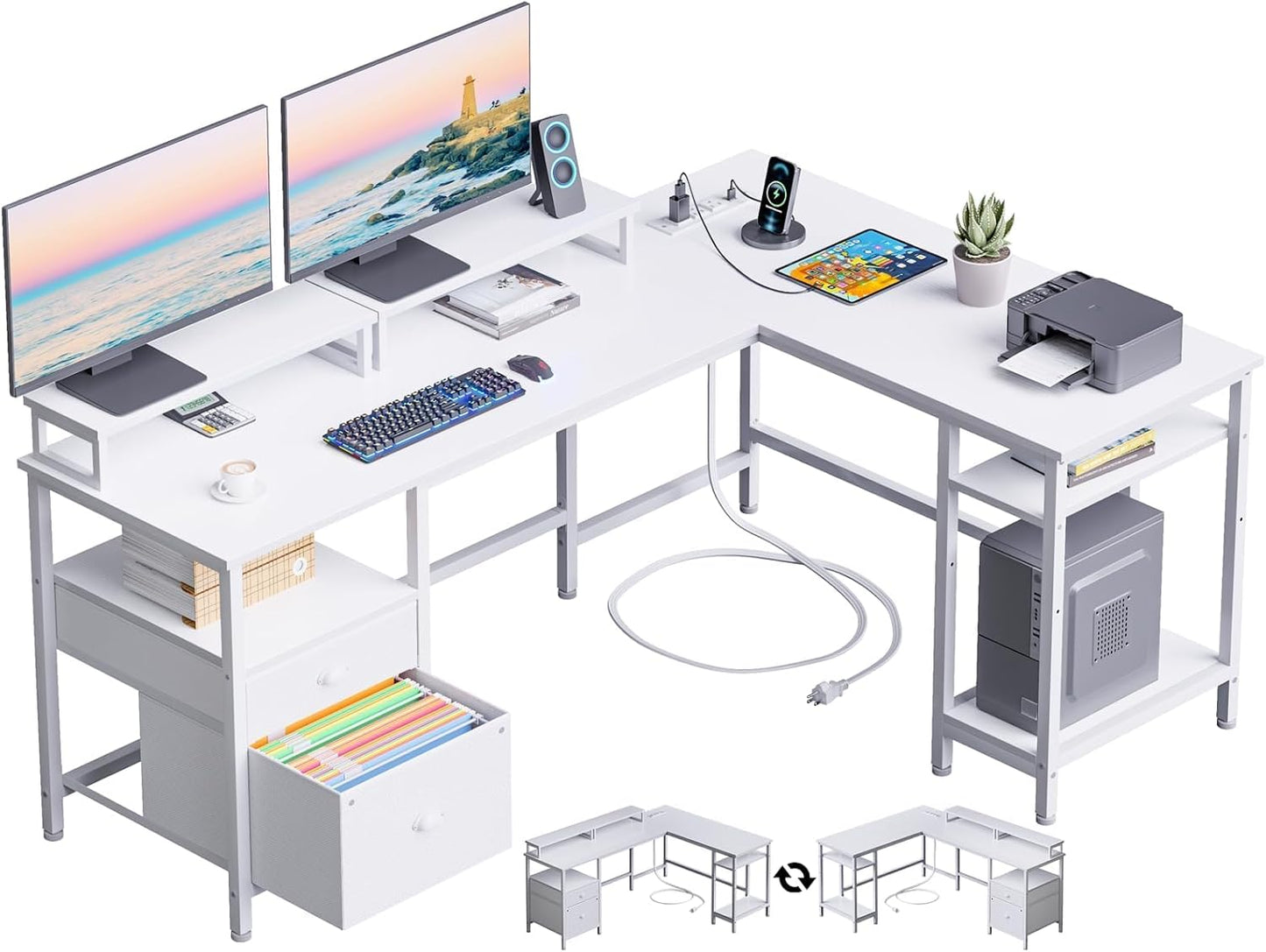 Furologee 66” L Shaped Desk with Power Outlet, Reversible Computer Gaming Desk with File Drawer & 2 Monitor Stands for Home Office with Storage Shelves, Rustic Brown