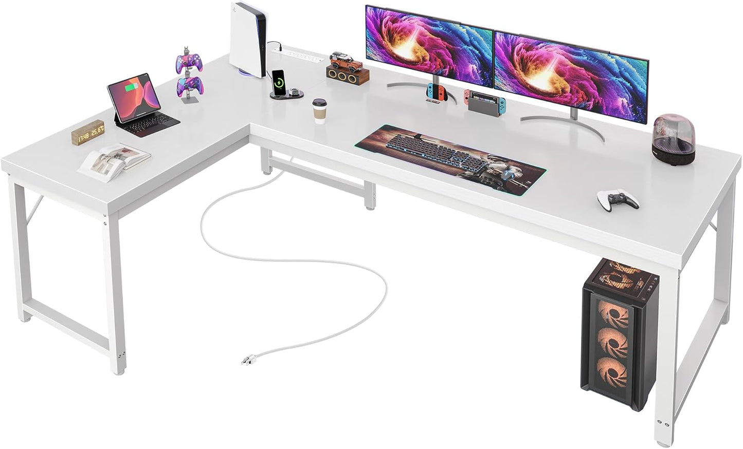 Huuger 63 Inch L Shaped Desk with Power Outlets and USB-C Port, 0.95 Inch Thicker Desktop, Reversible Computer Desk, Larger Office Corner Gaming Desk, Metal Frame, for Home Office, Study, Rustic Brown