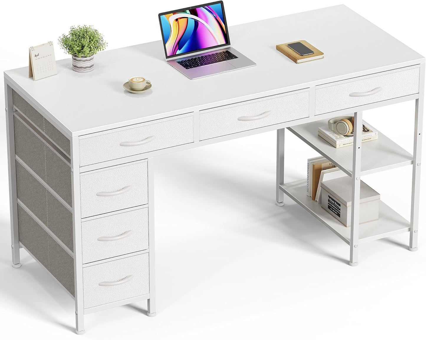 Huuger Computer Desk with 6 Drawers, 47 Inch Office Desk with Shelves, Reversible Gaming Desk, Corner Desk with Storage, Work for Home Office, Study, Living Room, Rustic Brown