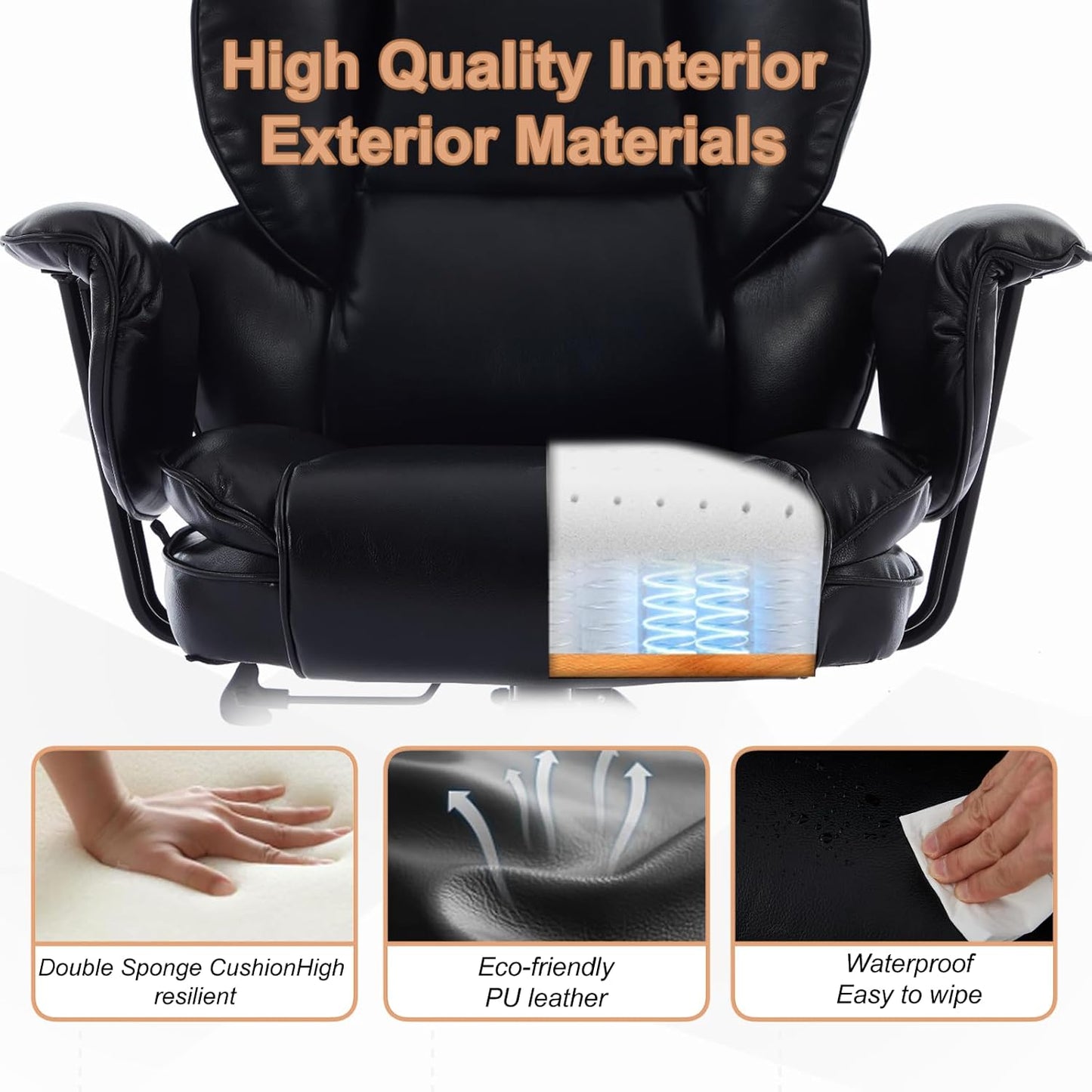 Big and Tall Office Chair, 500 lb. Wide Seat, Ergonomic with Lumbar Support for Low Back Pain Relief, Heavy Duty Office Chair with Clamshell Armrests and Extended Seat (Black)