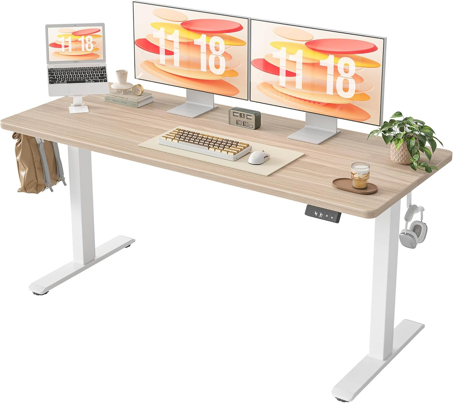 TIQLAB Height Adjustable Electric Standing Desk, 47 x 24 inch, Sit Stand Up Desk, Splice Board, Computer Home Office Desk, White Frame/Maple Top