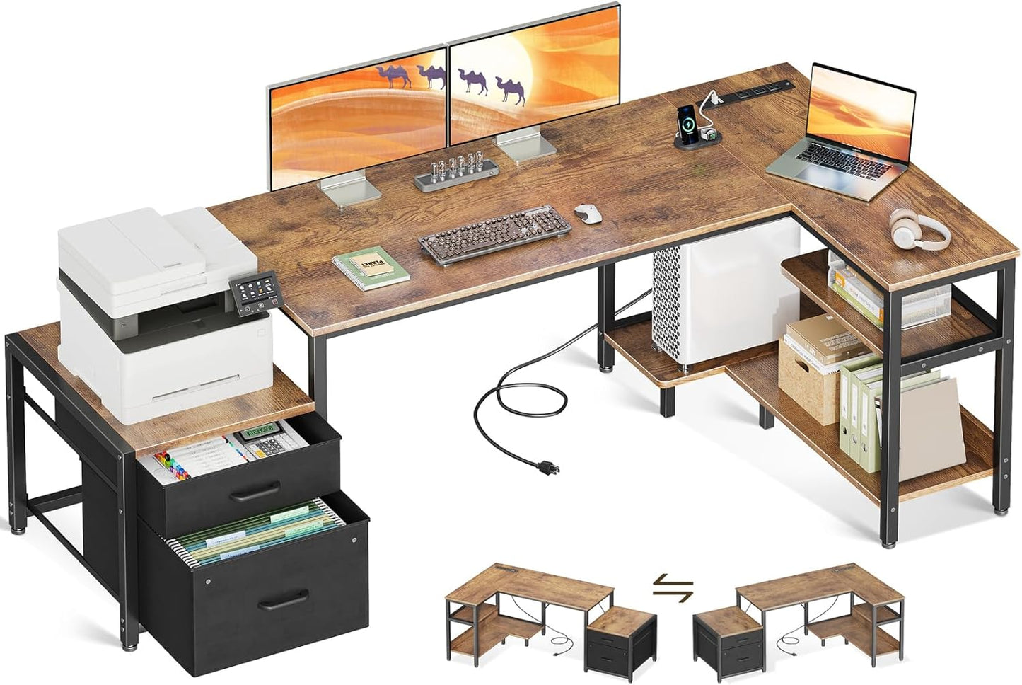 Casaottima L Shaped Desk with Drawers & File Cabinet, 55 Inch Computer Desk with Storage Shelves & CPU Stand, Corner Desk with Power Outlets, Reversible L Desk for Home Office, Rustic Brown