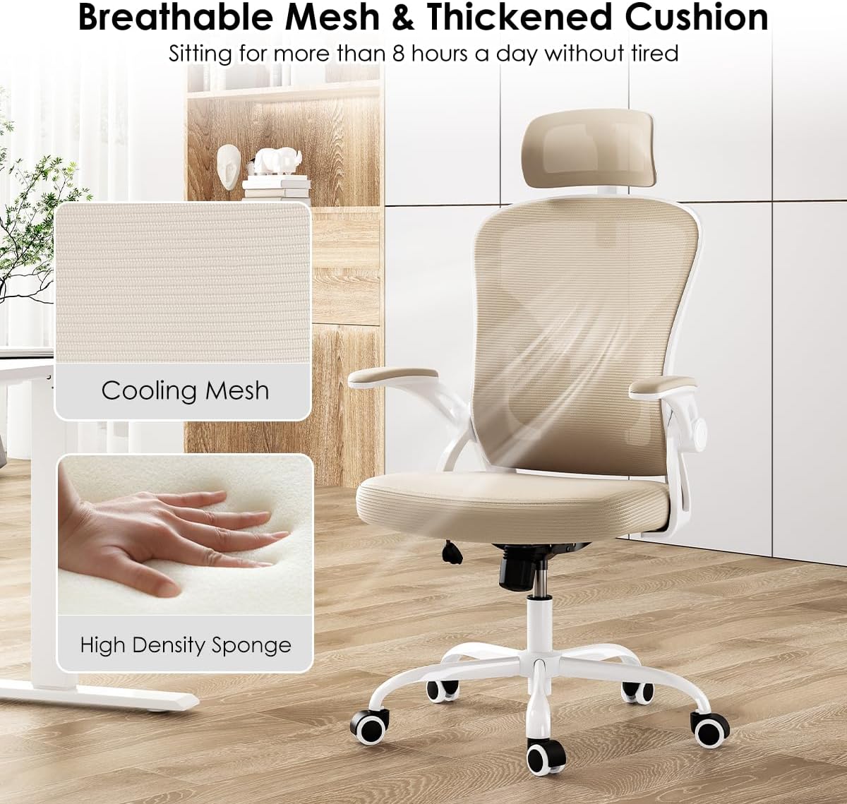 Farini Ergonomic Office Chair, Home Office Desk Chair with Headrest, High Back Computer Chair with Armrests and Adjustable Lumbar Support for Home Office Study Room, White & Khaki