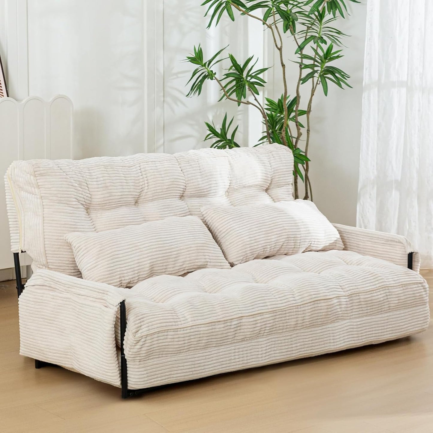 MAXYOYO Adjustable Floor Sofa Couch with 2 Pillows, Multi-Functional Bean Bag Bed, 5-Position Foldable Lazy Sofa Sleeper Bed with Armrest, Versatile Floor Seating for Reading, Black, Double