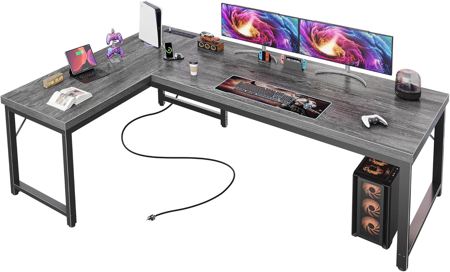 Huuger 63 Inch L Shaped Desk with Power Outlets and USB-C Port, 0.95 Inch Thicker Desktop, Reversible Computer Desk, Larger Office Corner Gaming Desk, Metal Frame, for Home Office, Study, Rustic Brown