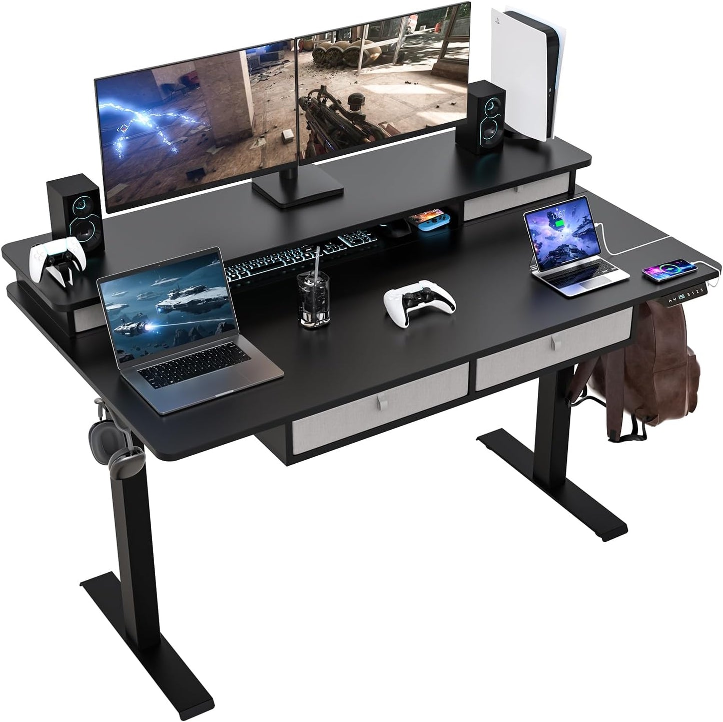 55 * 30 Inches Electric Standing Widened Desk Adjustable Height with 4 Drawers, Double Storage Shelves Stand Up Desk, Home Office Workstation Sit Stand up Desk (Rustic Brown)