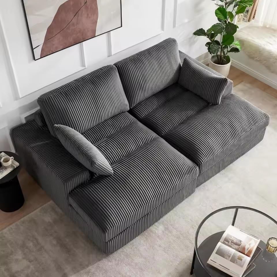 Oversized Chaise Lounge Sofa Chair Indoor 87" Upholstered Plush Corduroy Boneless Lounge Couch with Throw Pillows