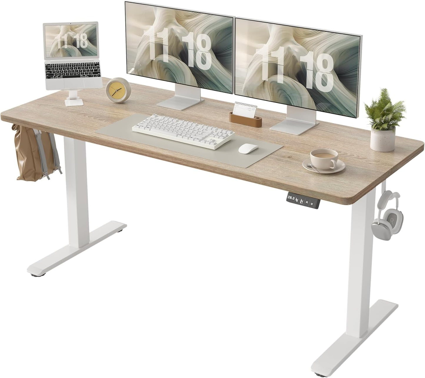 TIQLAB Height Adjustable Electric Standing Desk, 47 x 24 inch, Sit Stand Up Desk, Splice Board, Computer Home Office Desk, White Frame/Maple Top