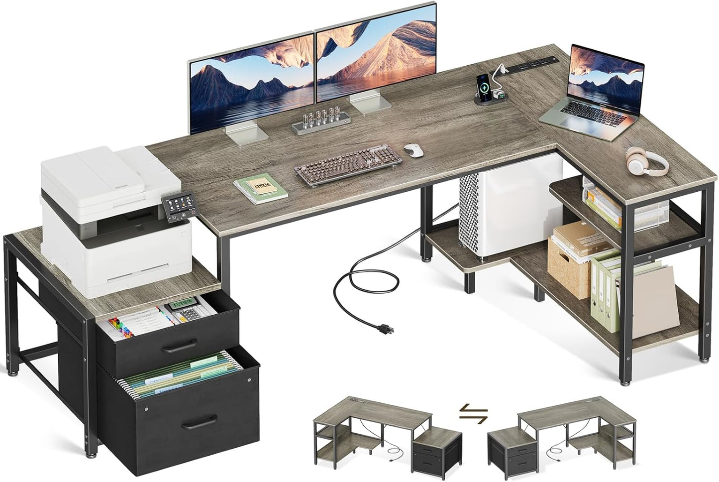 Casaottima L Shaped Desk with Drawers & File Cabinet, 55 Inch Computer Desk with Storage Shelves & CPU Stand, Corner Desk with Power Outlets, Reversible L Desk for Home Office, Rustic Brown