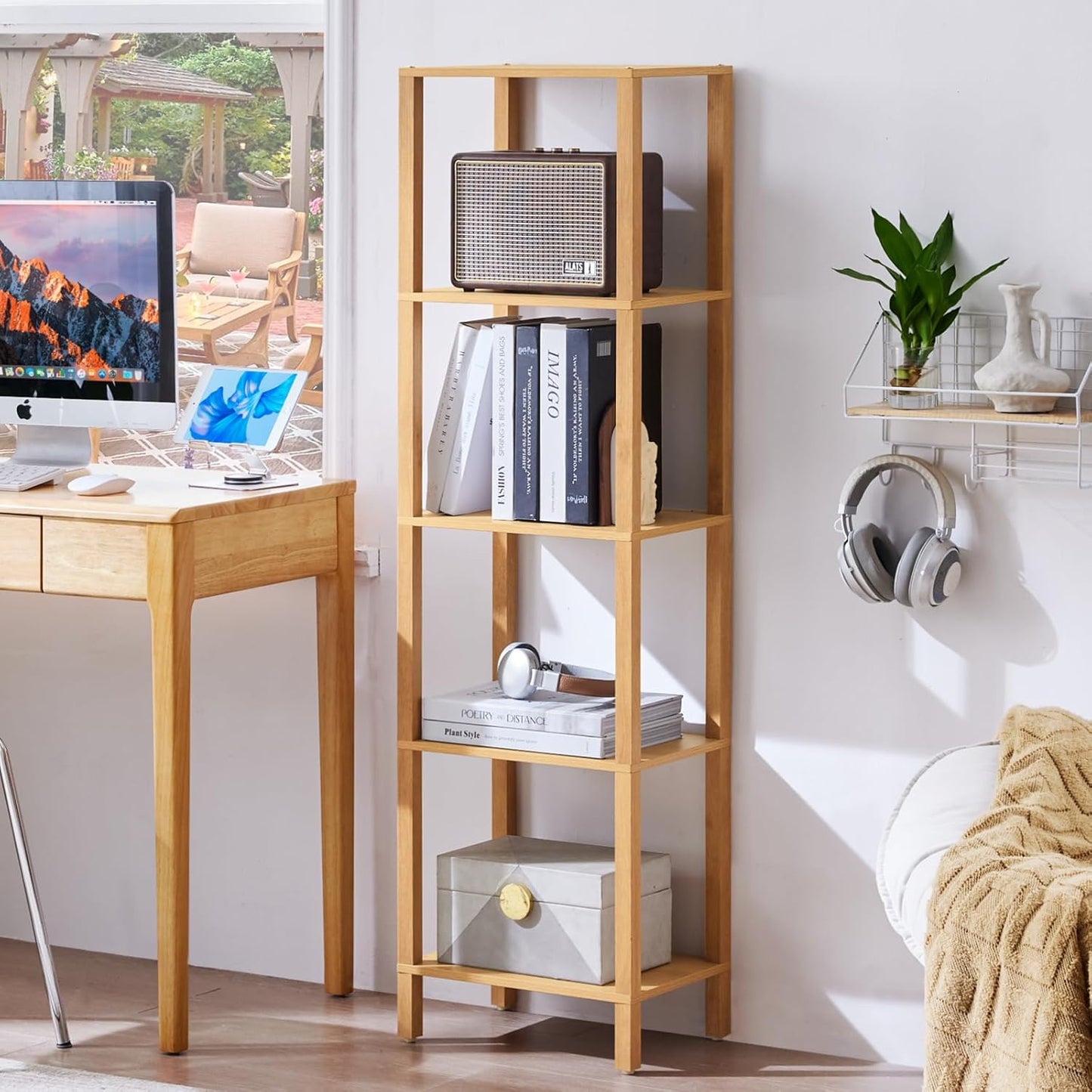 54in Tall Bookshelf 5-Tier Small Narrow Bookcase, Skinny Book Shelf for Small Space, Farmhouse Slim Shelf with Storage, Wood Freestanding Display Thin Bookshelves for Living Room, Office, White