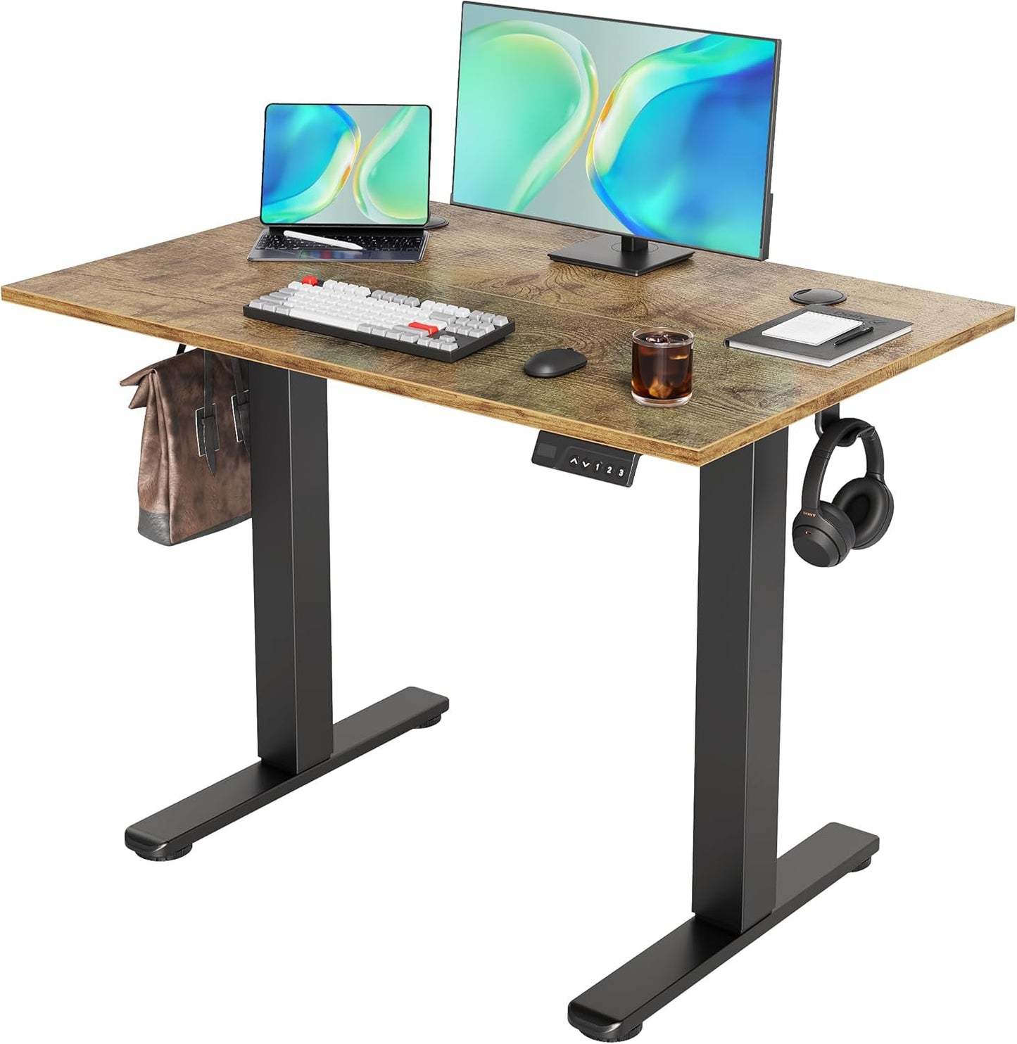 Seang Electric Standing Desk Adjustable Height, 40 x 24 Inch Sit Stand Desk with T-Shaped Frame, 3 Memory Presets & Cable Management for Home Office Computer Workstation, Black Frame/Black Top