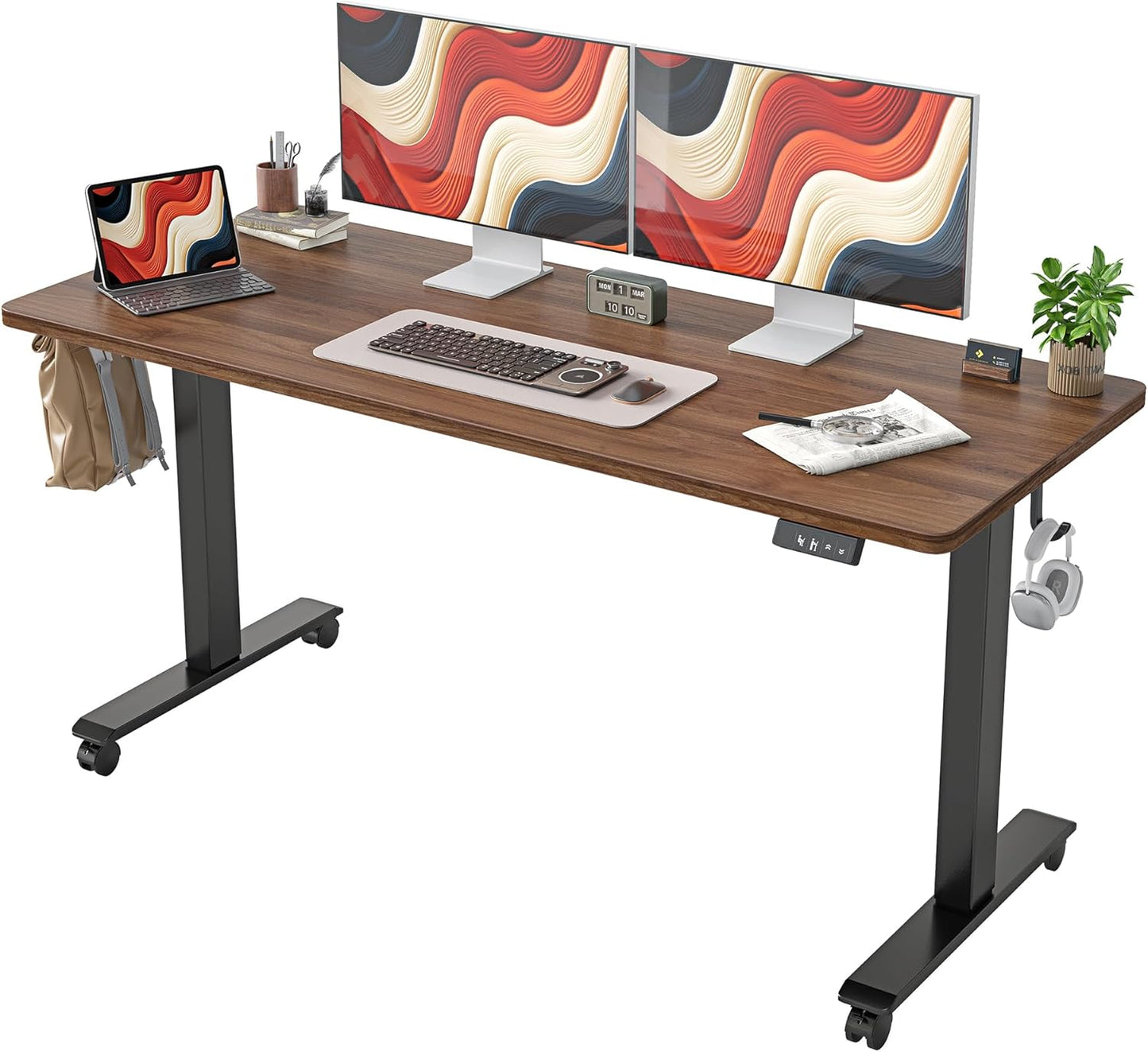 TIQLAB Height Adjustable Electric Standing Desk, 47 x 24 inch, Sit Stand Up Desk, Splice Board, Computer Home Office Desk, White Frame/Maple Top
