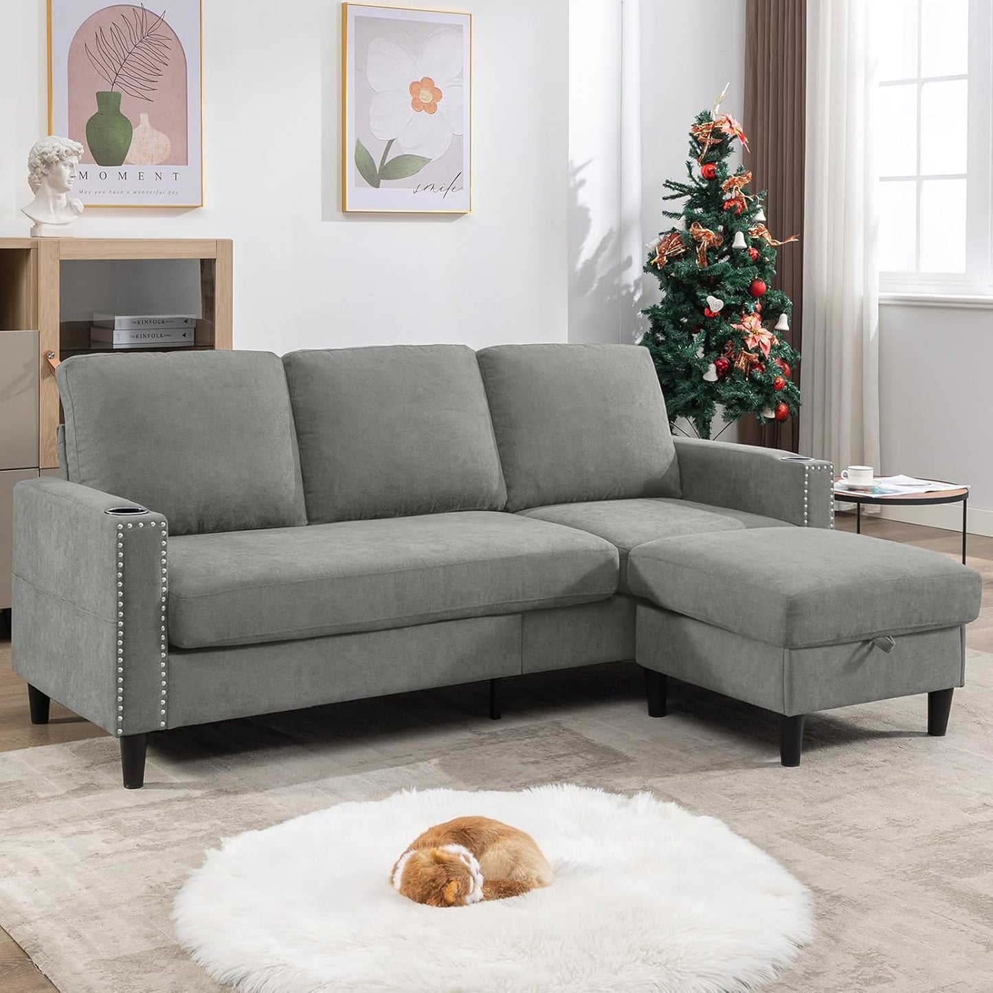 Convertible Sectional Couches for Living Room, L-Shaped Couch 3 Seats Sofas with Storage Chaise & TPC Charging Port, Small Sofa for Apartment, Compact Spaces, Linen, Dark Grey