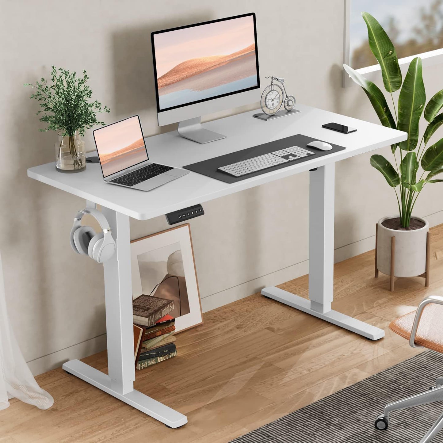 SMUG Standing Desk, Adjustable Height Electric Sit Stand Up Down Computer Table, 55x24 Inch Ergonomic Rising Modern Lift Motorized Gaming Desktop Workstation for Work Home Office - White