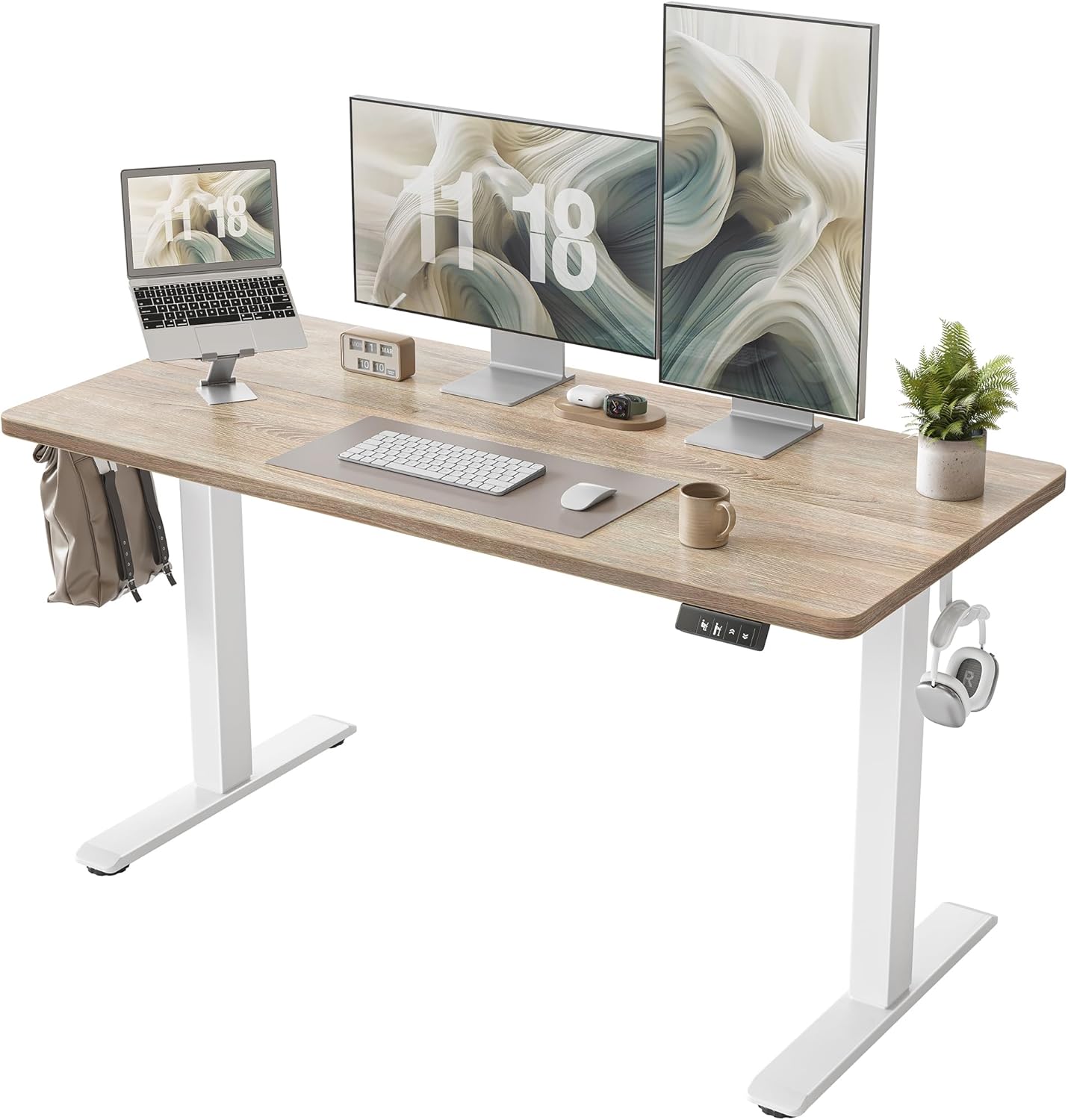 TIQLAB Height Adjustable Electric Standing Desk, 47 x 24 inch, Sit Stand Up Desk, Splice Board, Computer Home Office Desk, White Frame/Maple Top