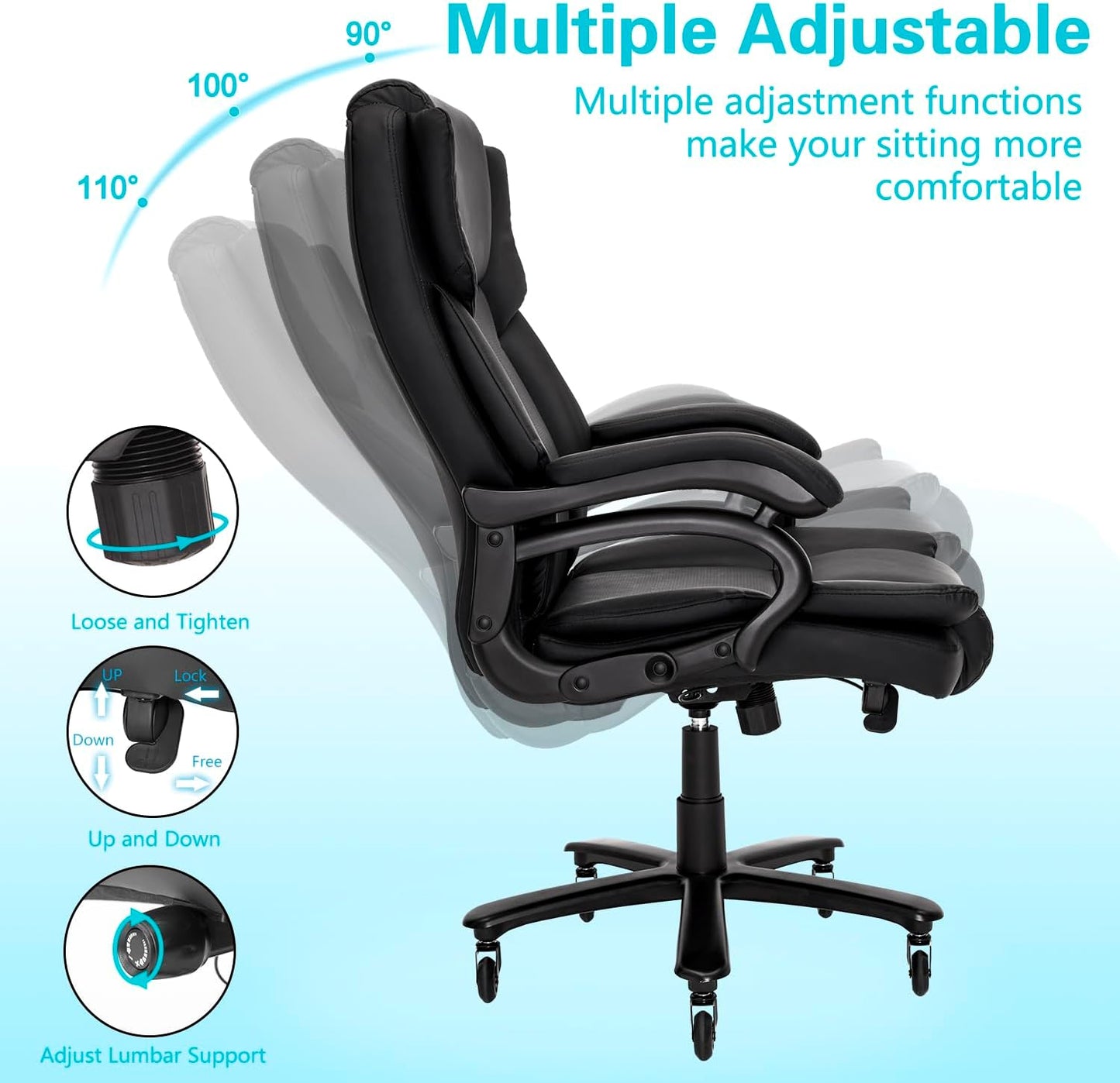 500lbs Big and Tall Office Chair, Heavy Duty Office Chair for Heavy People, High Back Executive Desk Chair with Adjustable Lumbar Support, Quiet Rubber Wheel