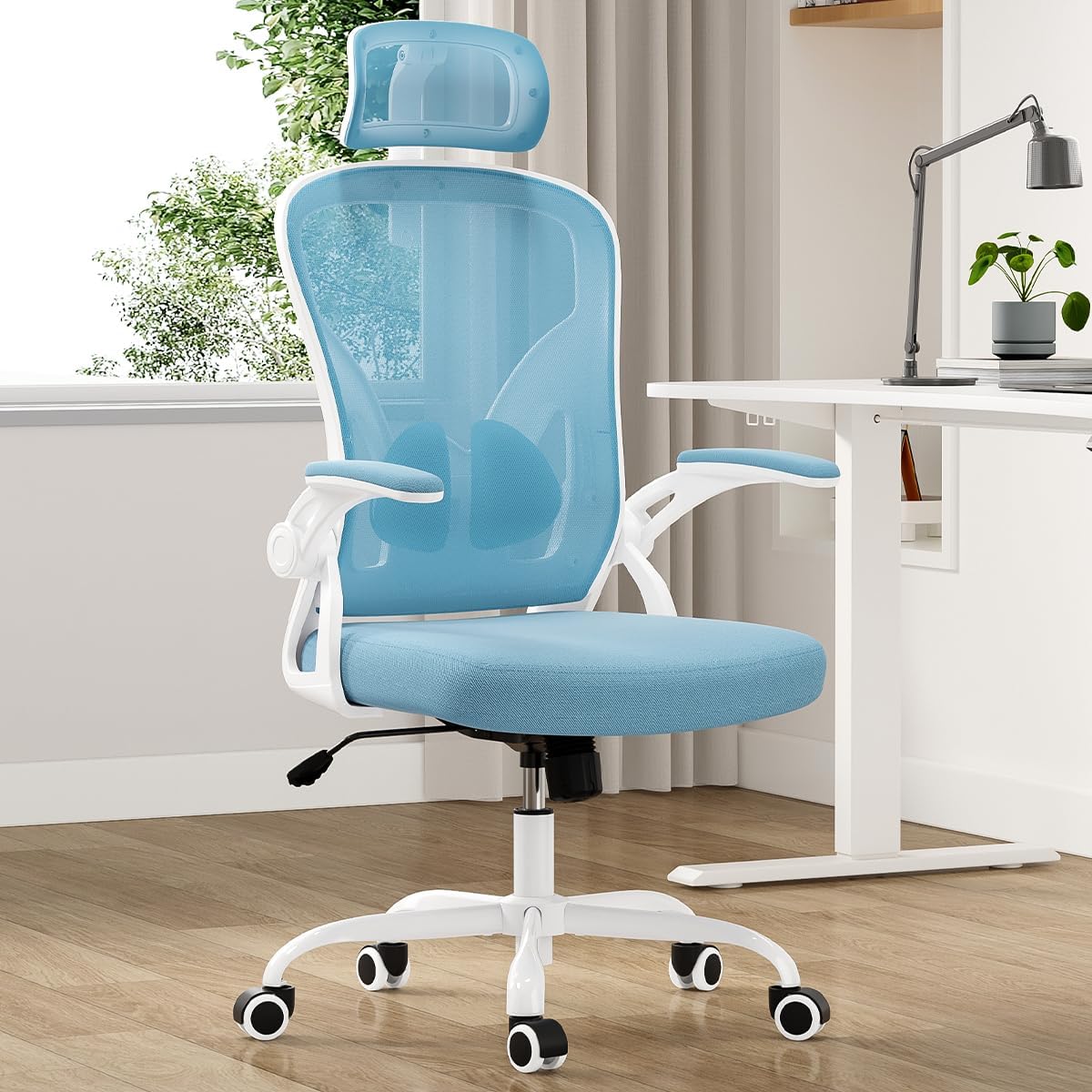 Farini Ergonomic Office Chair, Home Office Desk Chair with Headrest, High Back Computer Chair with Armrests and Adjustable Lumbar Support for Home Office Study Room, White & Khaki