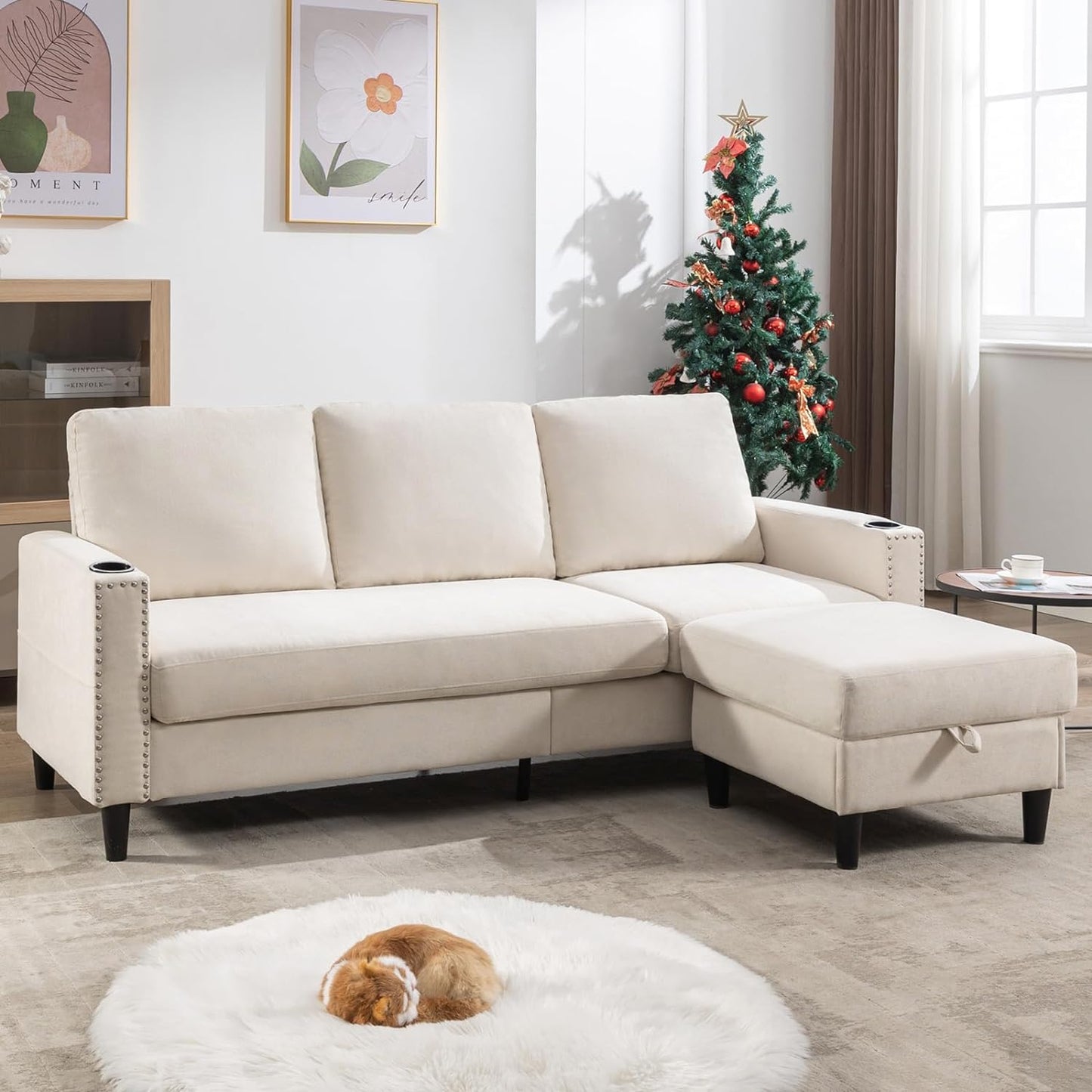 Convertible Sectional Couches for Living Room, L-Shaped Couch 3 Seats Sofas with Storage Chaise & TPC Charging Port, Small Sofa for Apartment, Compact Spaces, Linen, Dark Grey