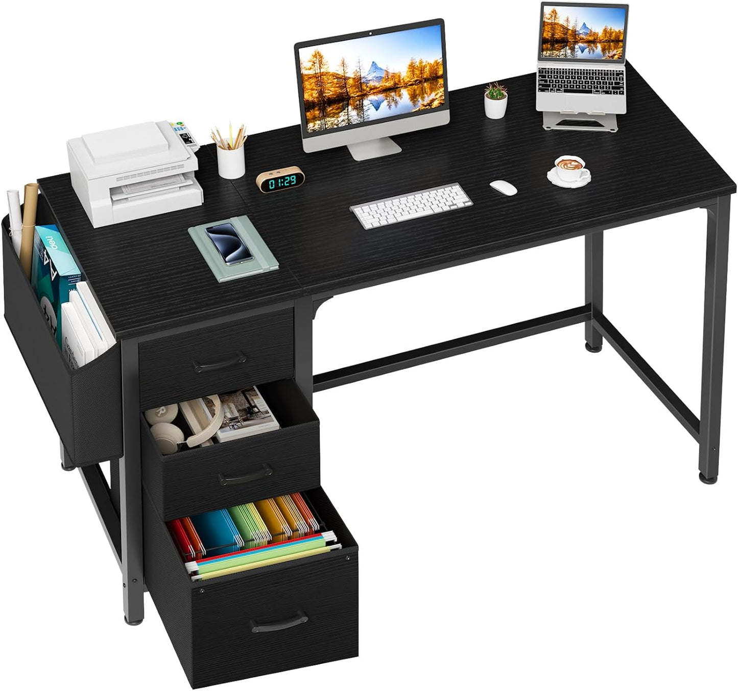 Lufeiya Computer Desk with Fabric File Drawers Cabinet, 47 Inch Reversible Home Office Desks with Filing Cabinet for Small Space, Study Writing Table PC Desks, Rustic Brown