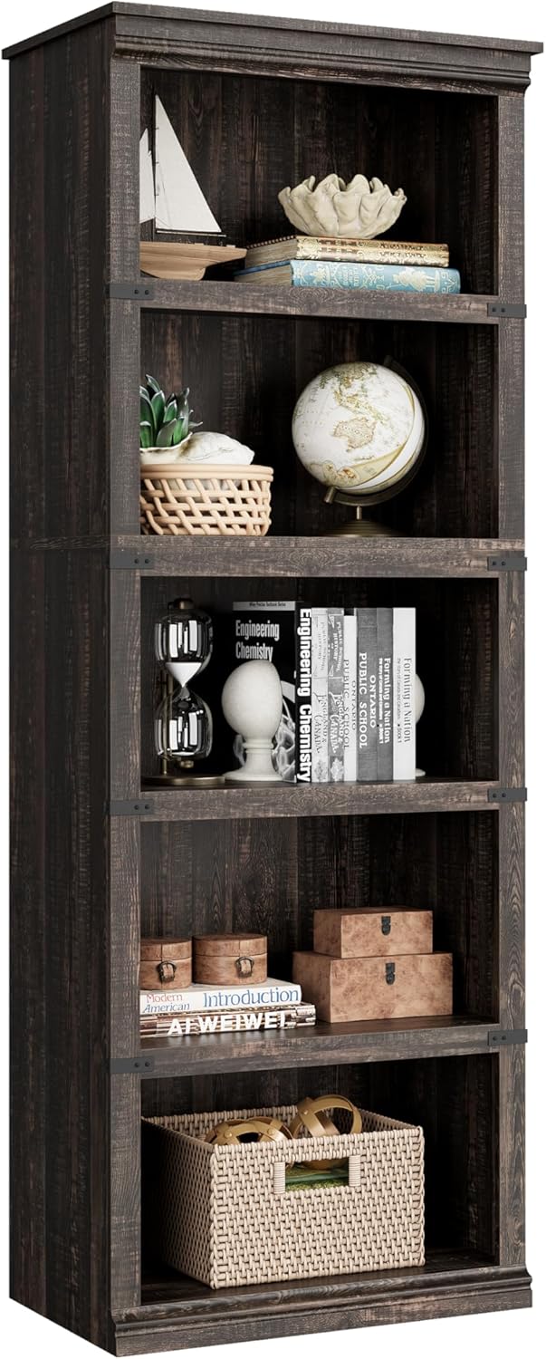 IDEALHOUSE 5 Tier Bookcase, Farmhouse Book Shelf with Storage, 71" Tall Book Case Wooden 5 Shelf Bookcase for Home Office, Living Room, Bed Room (Vintage, 67.4" H x 31.5" W x 12.8" D)