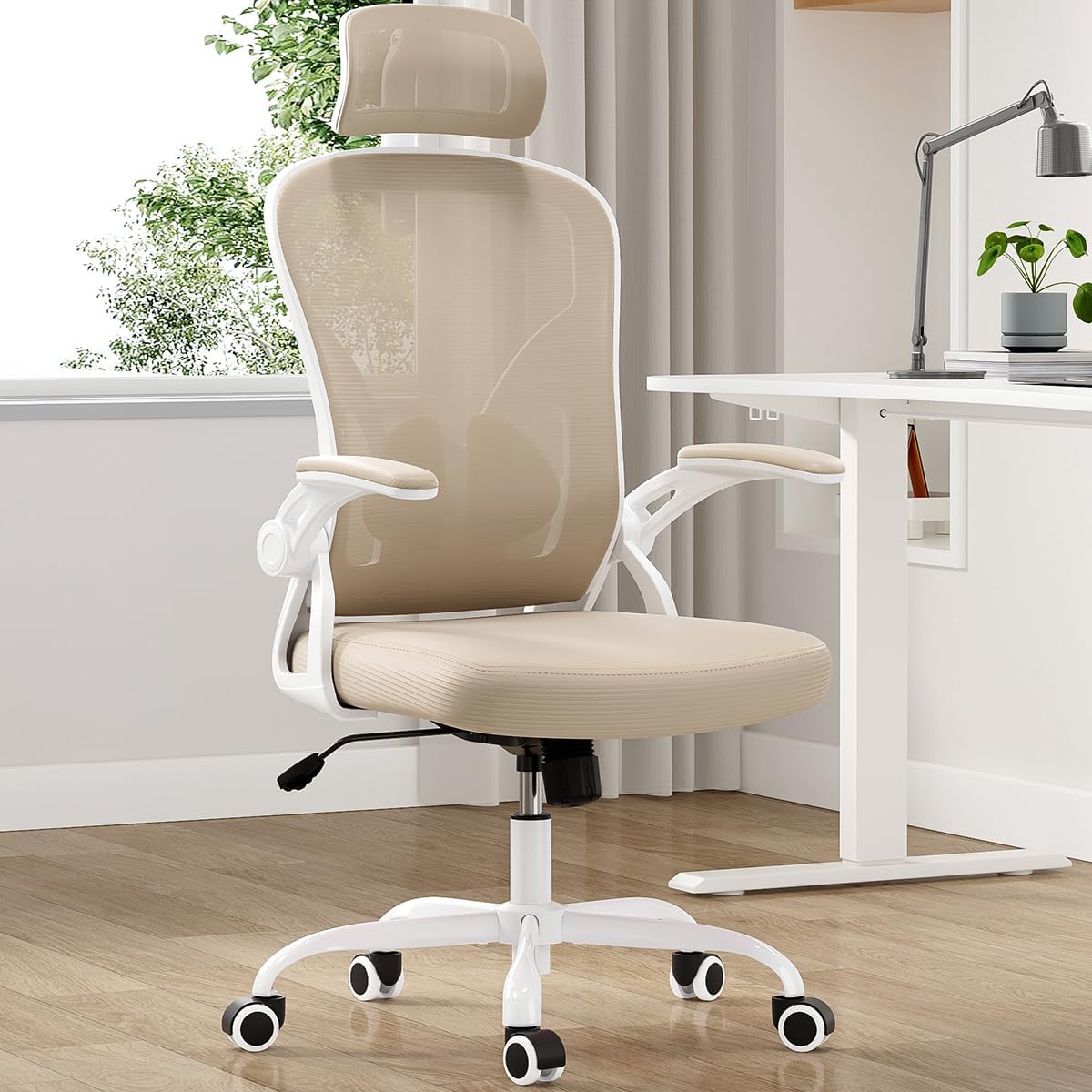 Farini Ergonomic Office Chair, Home Office Desk Chair with Headrest, High Back Computer Chair with Armrests and Adjustable Lumbar Support for Home Office Study Room, White & Khaki
