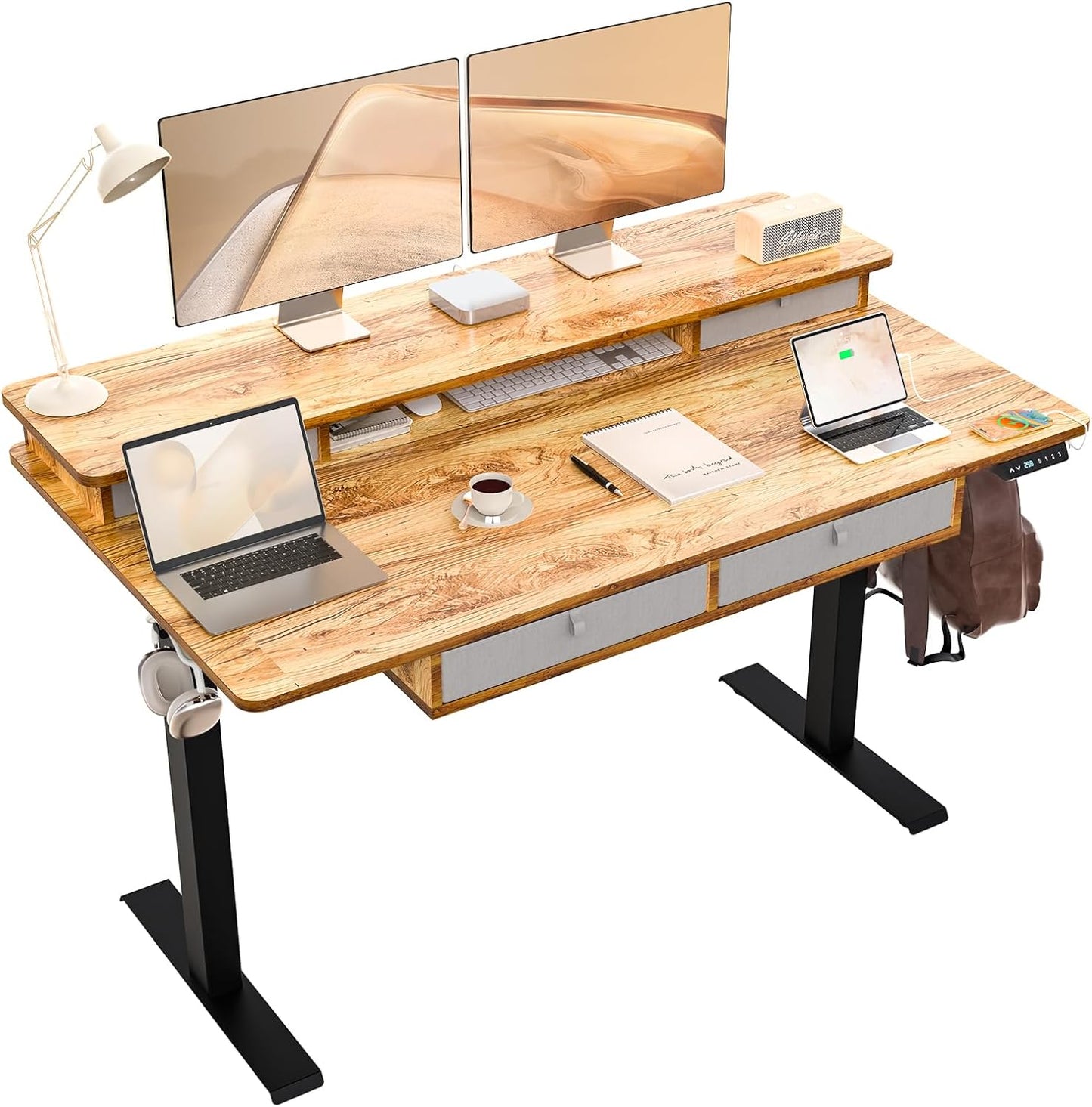 55 * 30 Inches Electric Standing Widened Desk Adjustable Height with 4 Drawers, Double Storage Shelves Stand Up Desk, Home Office Workstation Sit Stand up Desk (Rustic Brown)