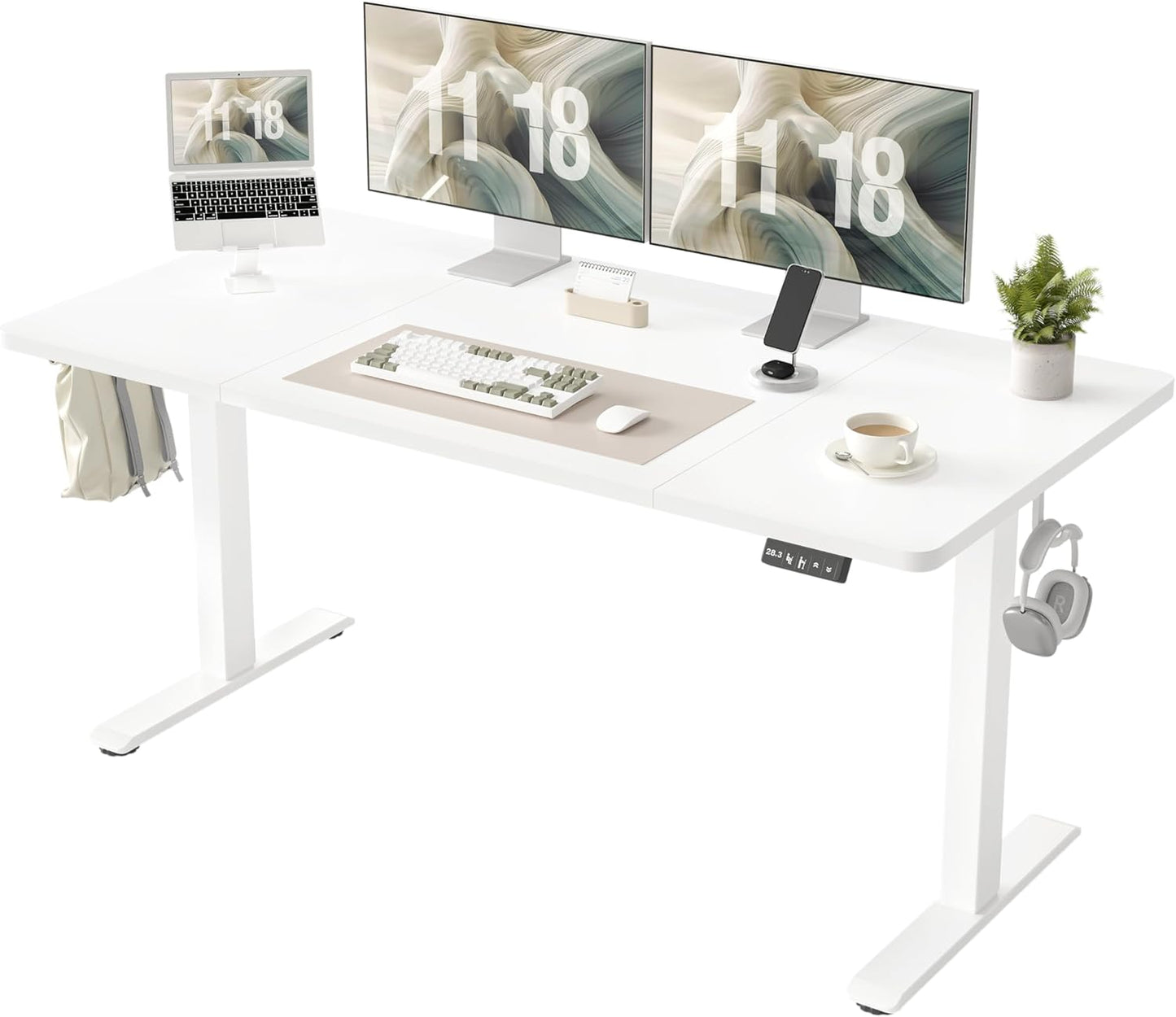TIQLAB Height Adjustable Electric Standing Desk, 47 x 24 inch, Sit Stand Up Desk, Splice Board, Computer Home Office Desk, White Frame/Maple Top
