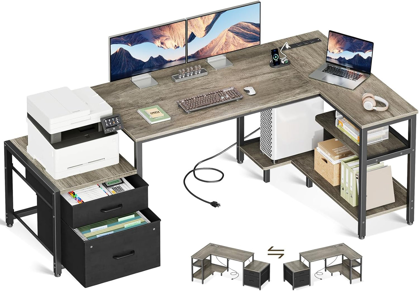 Casaottima L Shaped Desk with Drawers & File Cabinet, 55 Inch Computer Desk with Storage Shelves & CPU Stand, Corner Desk with Power Outlets, Reversible L Desk for Home Office, Rustic Brown