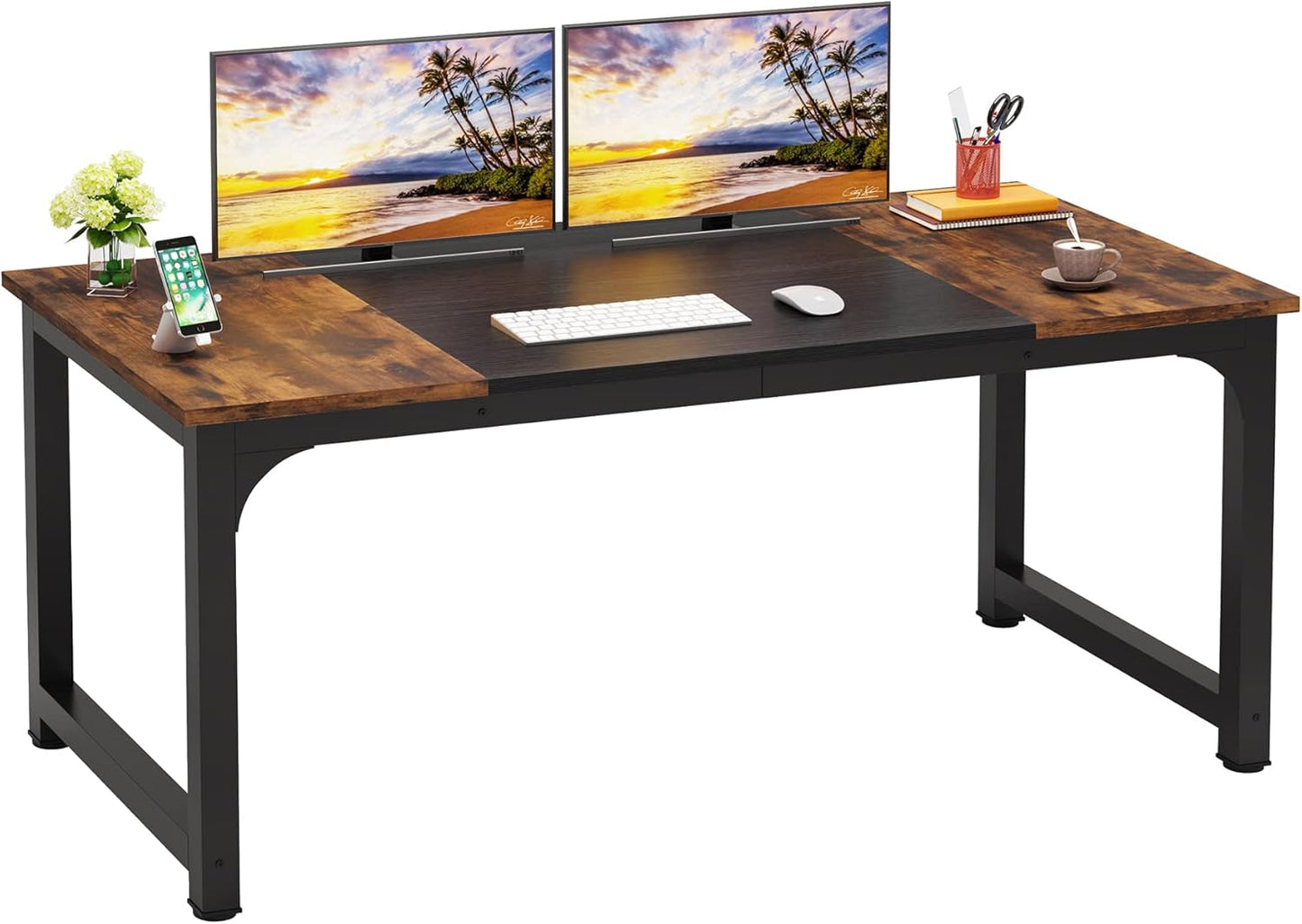 LITTLE TREE 63 Inch Large Executive Computer Office Desk, Brown+Black