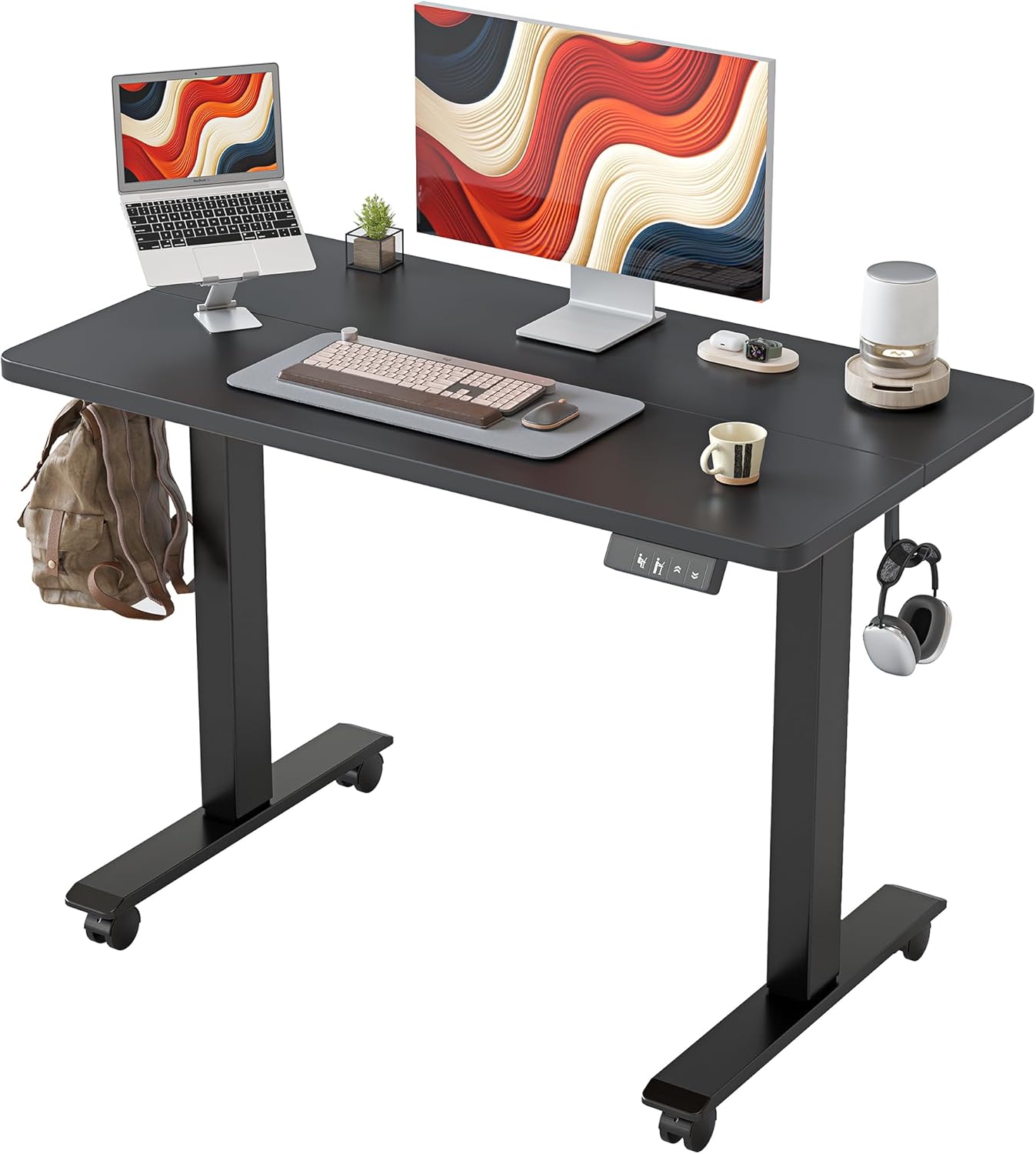 TIQLAB Height Adjustable Electric Standing Desk, 47 x 24 inch, Sit Stand Up Desk, Splice Board, Computer Home Office Desk, White Frame/Maple Top