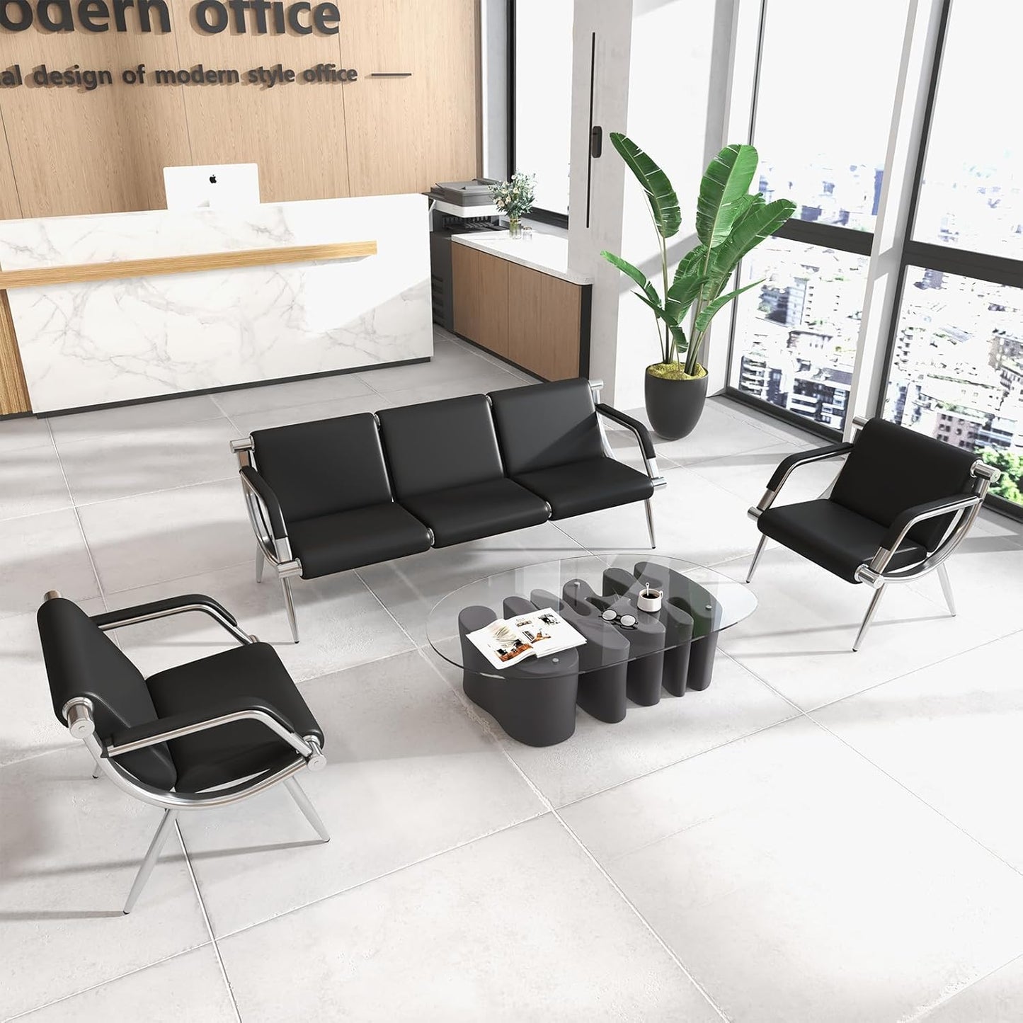 Kinpaw Waiting Room Chairs Reception Bench - Leather Office Chair with Padded Arms & Backrest, Heavy Duty, Black Comfy Conference Room Chairs for Meeting Conference, Office