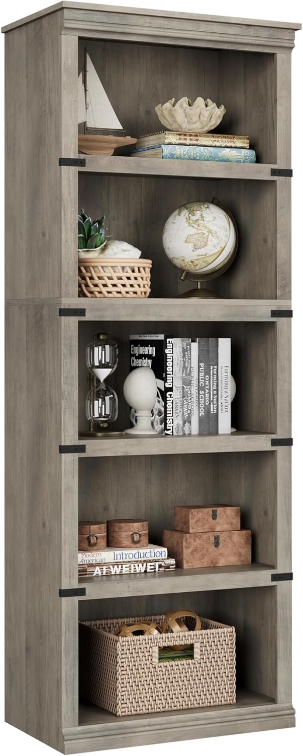 IDEALHOUSE 5 Tier Bookcase, Farmhouse Book Shelf with Storage, 71" Tall Book Case Wooden 5 Shelf Bookcase for Home Office, Living Room, Bed Room (Vintage, 67.4" H x 31.5" W x 12.8" D)