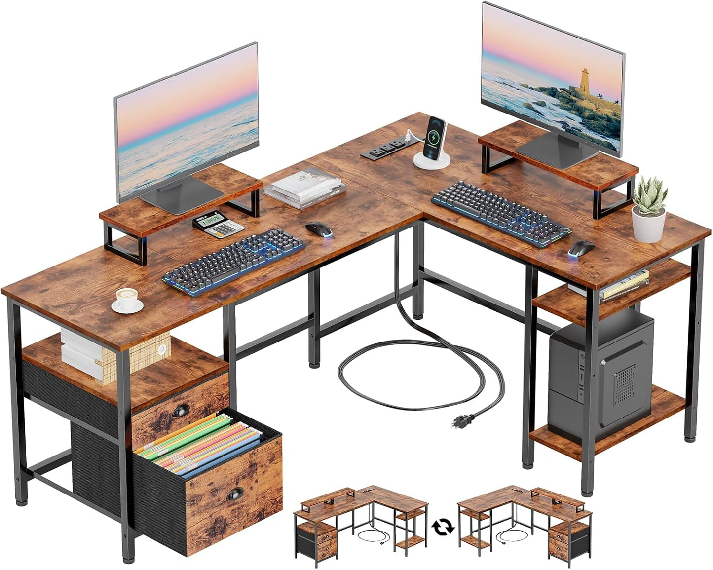 Furologee 66” L Shaped Desk with Power Outlet, Reversible Computer Gaming Desk with File Drawer & 2 Monitor Stands for Home Office with Storage Shelves, Rustic Brown