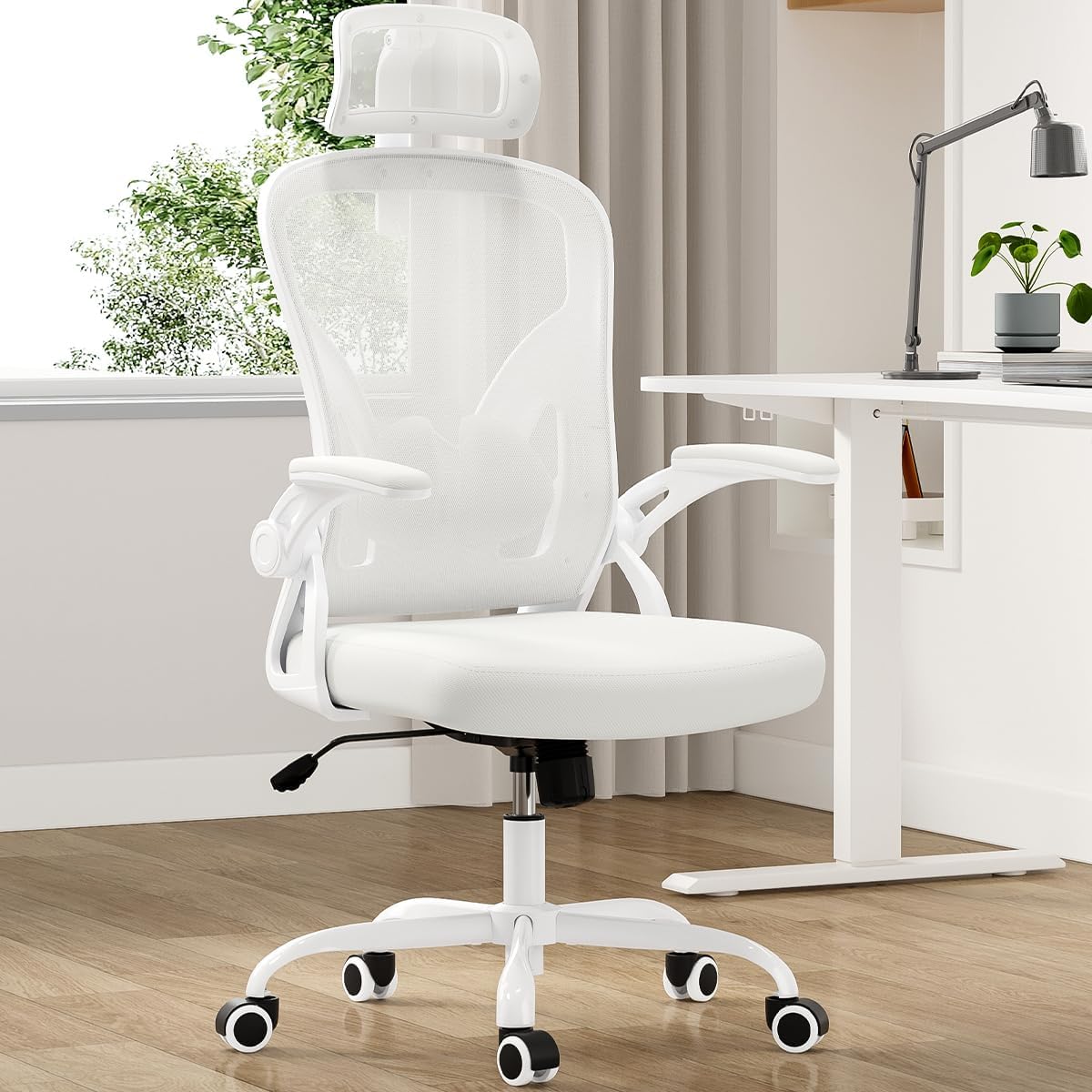 Farini Ergonomic Office Chair, Home Office Desk Chair with Headrest, High Back Computer Chair with Armrests and Adjustable Lumbar Support for Home Office Study Room, White & Khaki