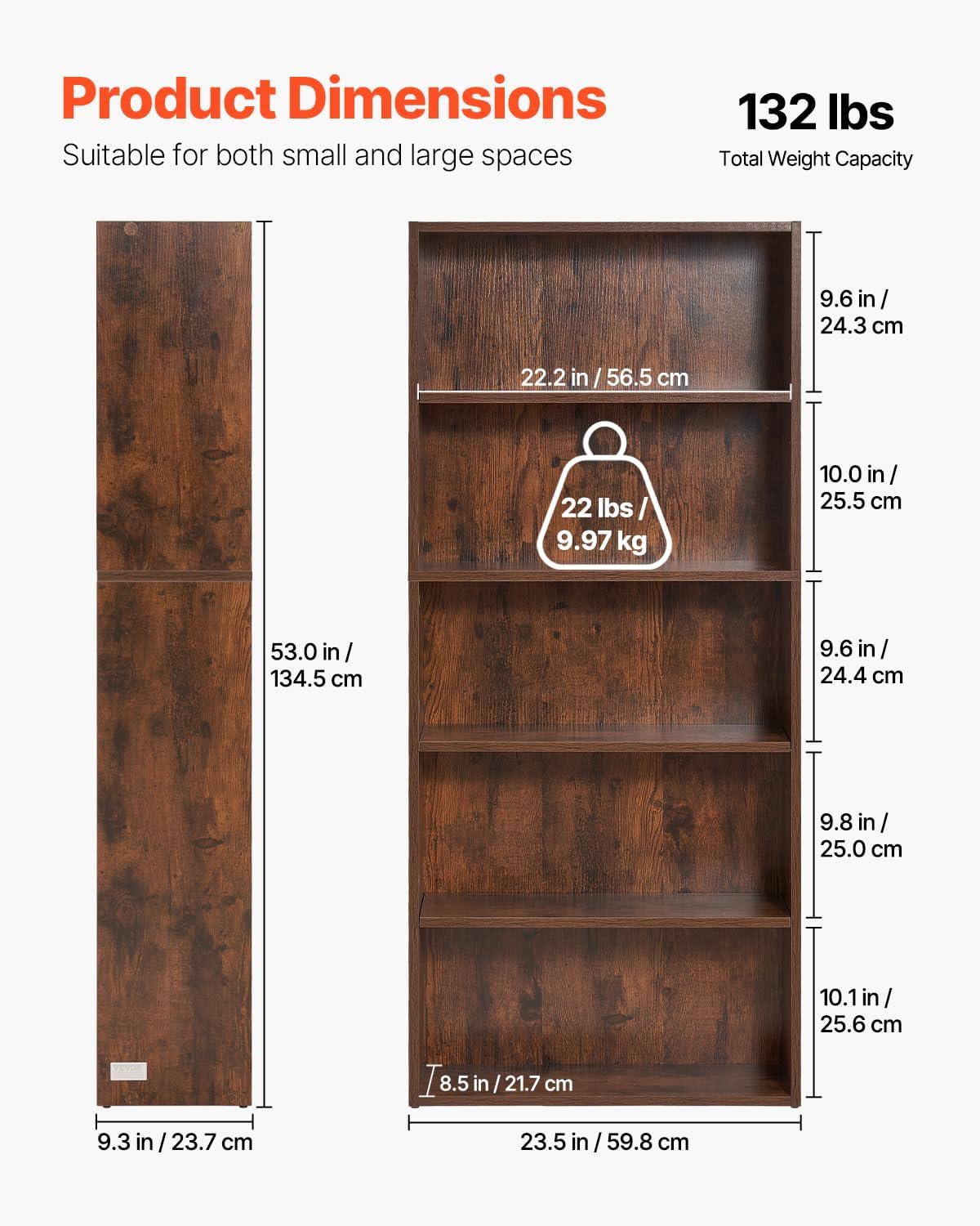 VEVOR 5 Tiers Narrow Bookshelf, 53 in Wooden Open Bookcase with Height-Adjustable Shelf, Freestanding Tall Display Storage Floor Bookcase Bookshelf for Library, Bedroom, Living Room, Office, Brown