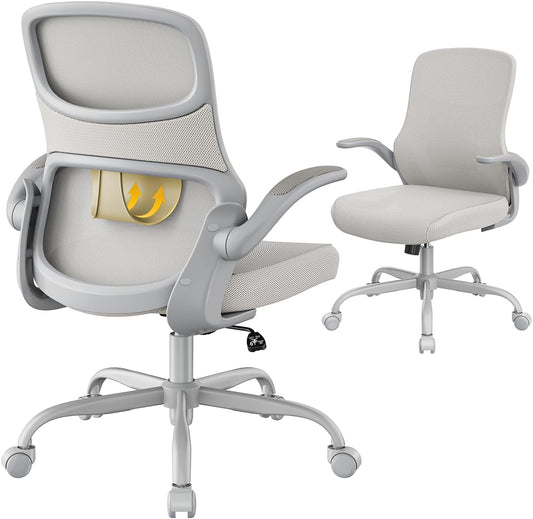 Office Chair, Mesh Ergonomic Desk Chairs, Lumbar Support, Adjustable Height, Flip-up Armrests, Swivel Function and Smooth-Rolling Wheels for Home, Office and Gaming (Gray)
