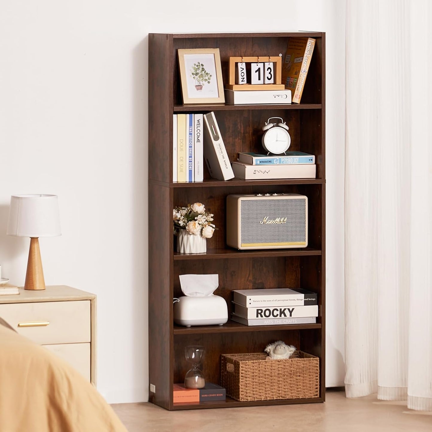 VEVOR 5 Tiers Narrow Bookshelf, 53 in Wooden Open Bookcase with Height-Adjustable Shelf, Freestanding Tall Display Storage Floor Bookcase Bookshelf for Library, Bedroom, Living Room, Office, Brown