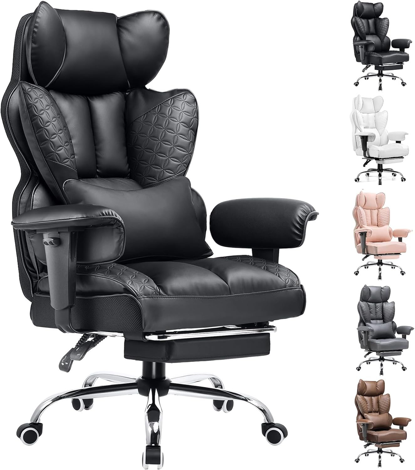 COMHOMA Big and Tall Office Chair 400LBS Wide Ergonomic Gaming Chair with Deluxe Embossing Designed Leather with Foot Rest,150°Reclining Adjustable Armrests Pocket Spring Back Support and Pillow