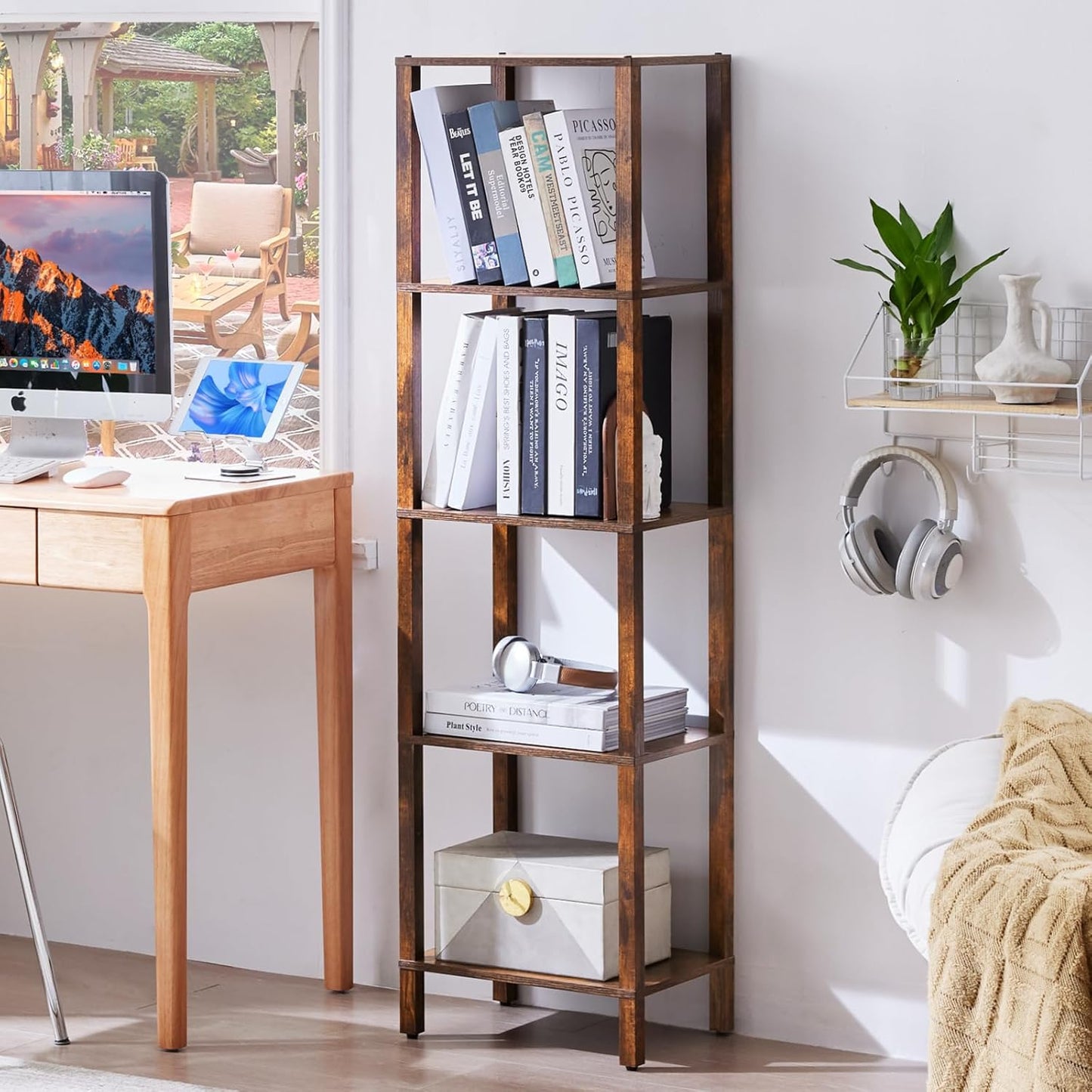 54in Tall Bookshelf 5-Tier Small Narrow Bookcase, Skinny Book Shelf for Small Space, Farmhouse Slim Shelf with Storage, Wood Freestanding Display Thin Bookshelves for Living Room, Office, White