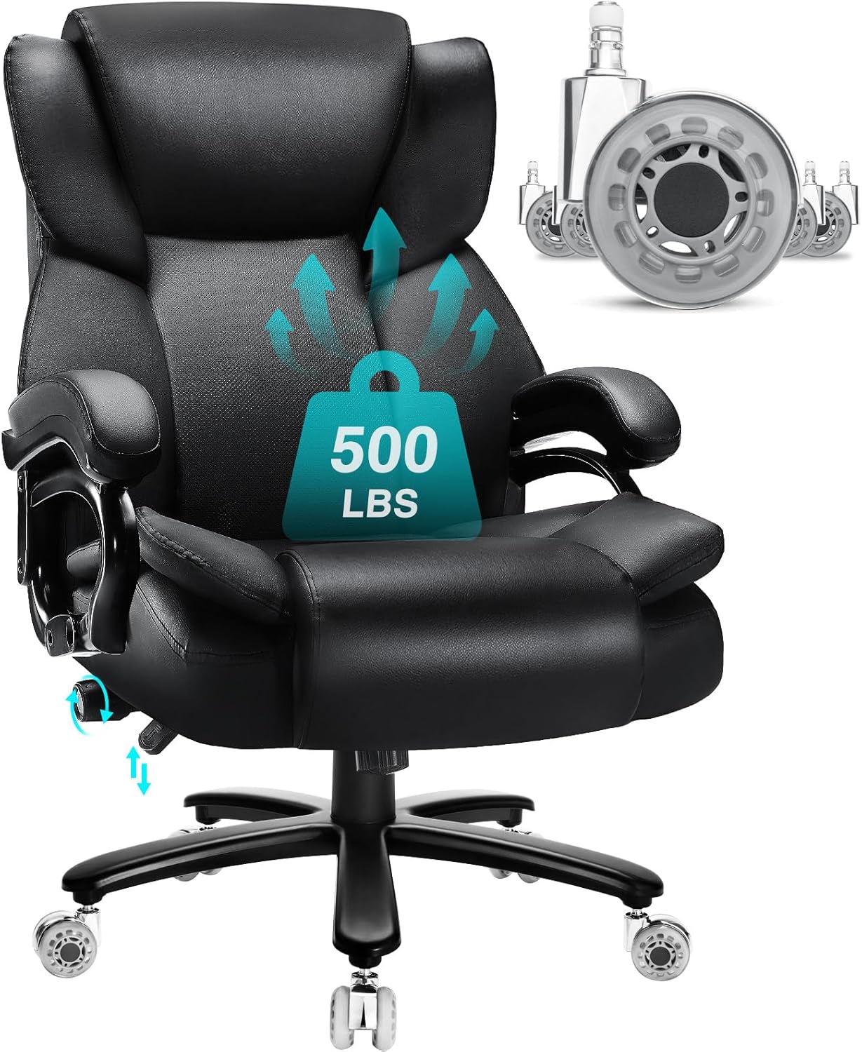 500lbs Big and Tall Office Chair, Heavy Duty Office Chair for Heavy People, High Back Executive Desk Chair with Adjustable Lumbar Support, Quiet Rubber Wheel