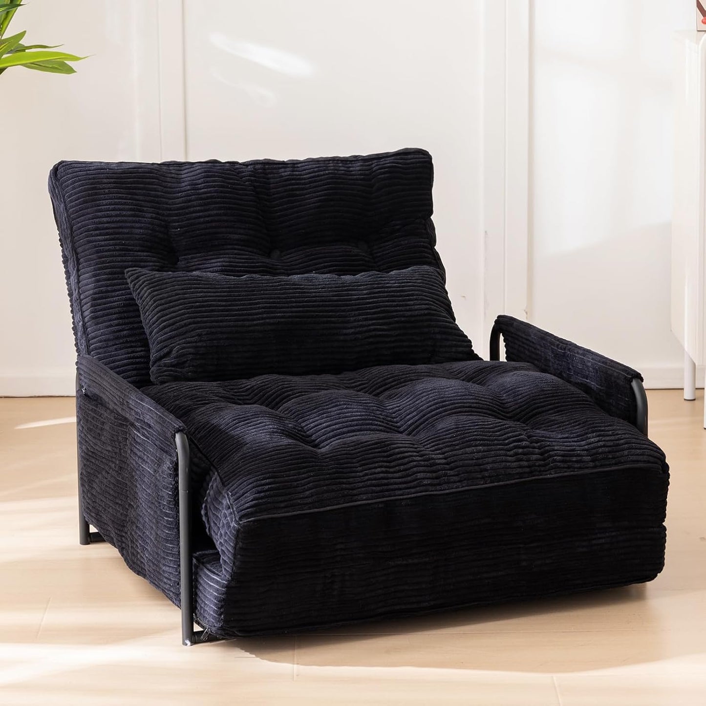 MAXYOYO Adjustable Floor Sofa Couch with 2 Pillows, Multi-Functional Bean Bag Bed, 5-Position Foldable Lazy Sofa Sleeper Bed with Armrest, Versatile Floor Seating for Reading, Black, Double
