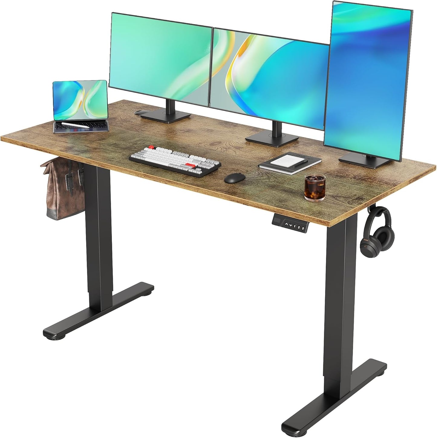Seang Electric Standing Desk Adjustable Height, 40 x 24 Inch Sit Stand Desk with T-Shaped Frame, 3 Memory Presets & Cable Management for Home Office Computer Workstation, Black Frame/Black Top