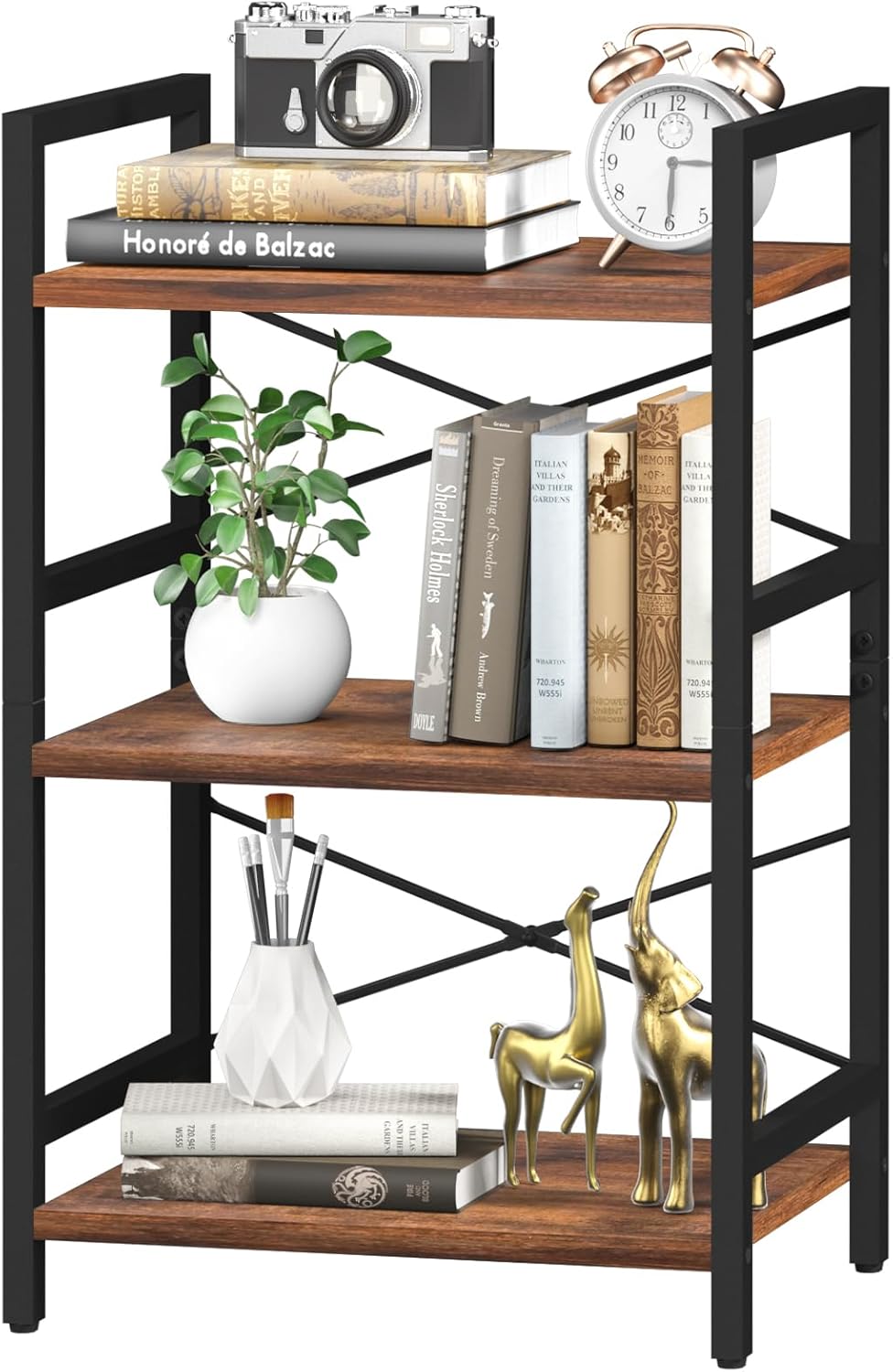 Yoobure 4 Tier Bookshelf - Small Book Shelf Industrial Bookcase, Narrow Book Case Book Storage Organizer for CD/Movie/Book, Bookshelves for Bedroom Office Living Room Berry Brown